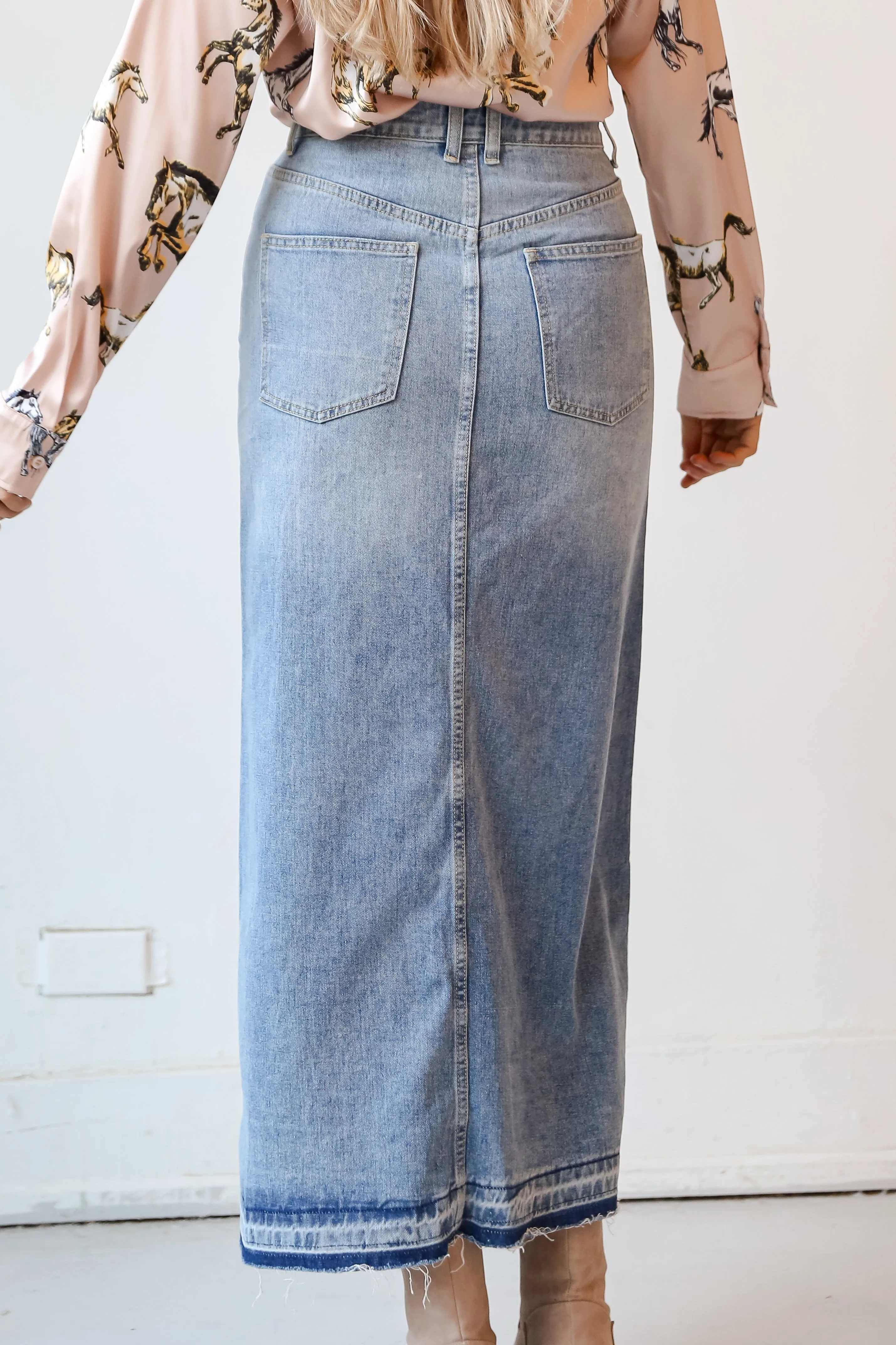 FINAL SALE - Playful Perfection Distressed Denim Maxi Skirt