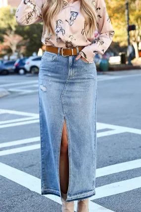 FINAL SALE - Playful Perfection Distressed Denim Maxi Skirt