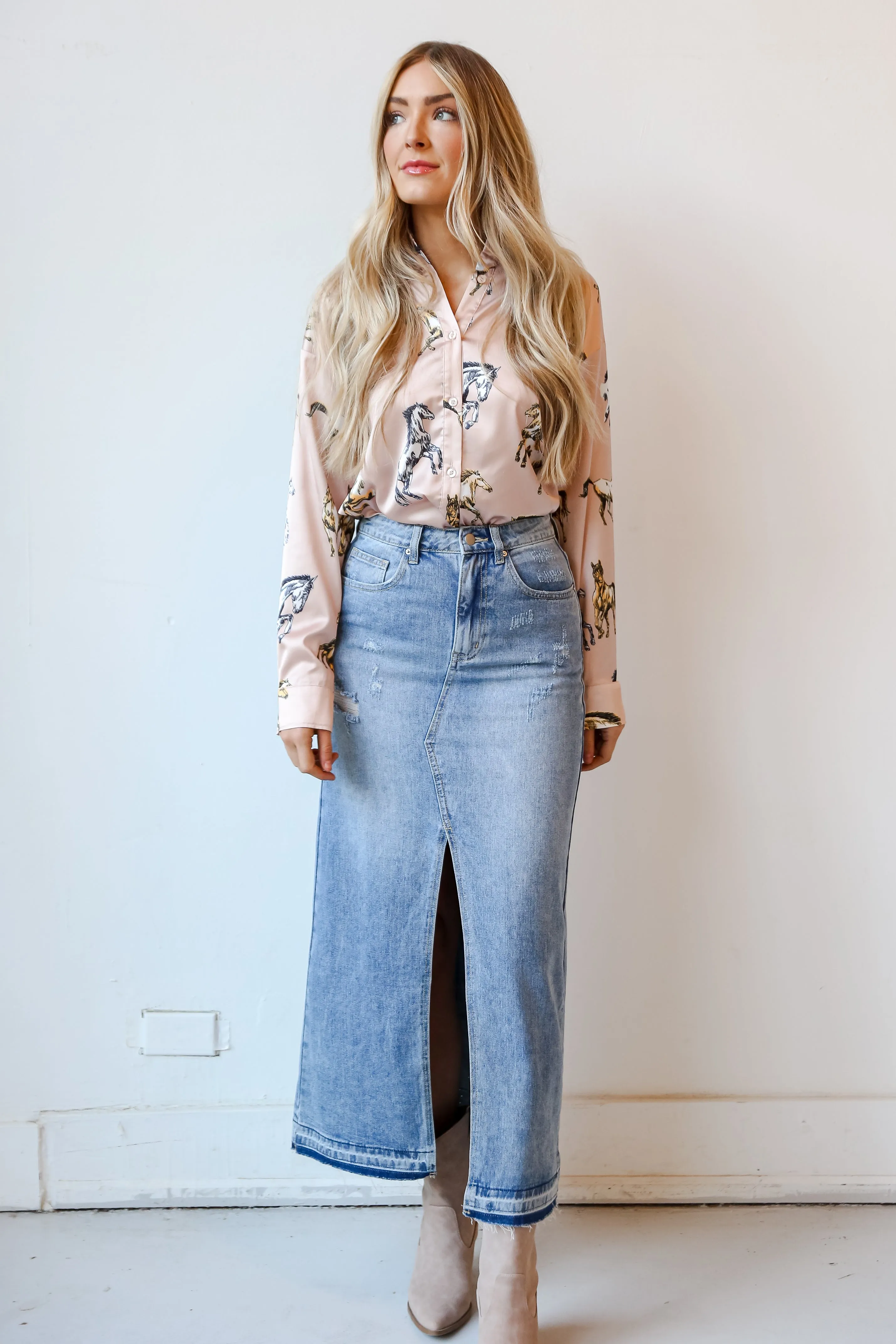 FINAL SALE - Playful Perfection Distressed Denim Maxi Skirt