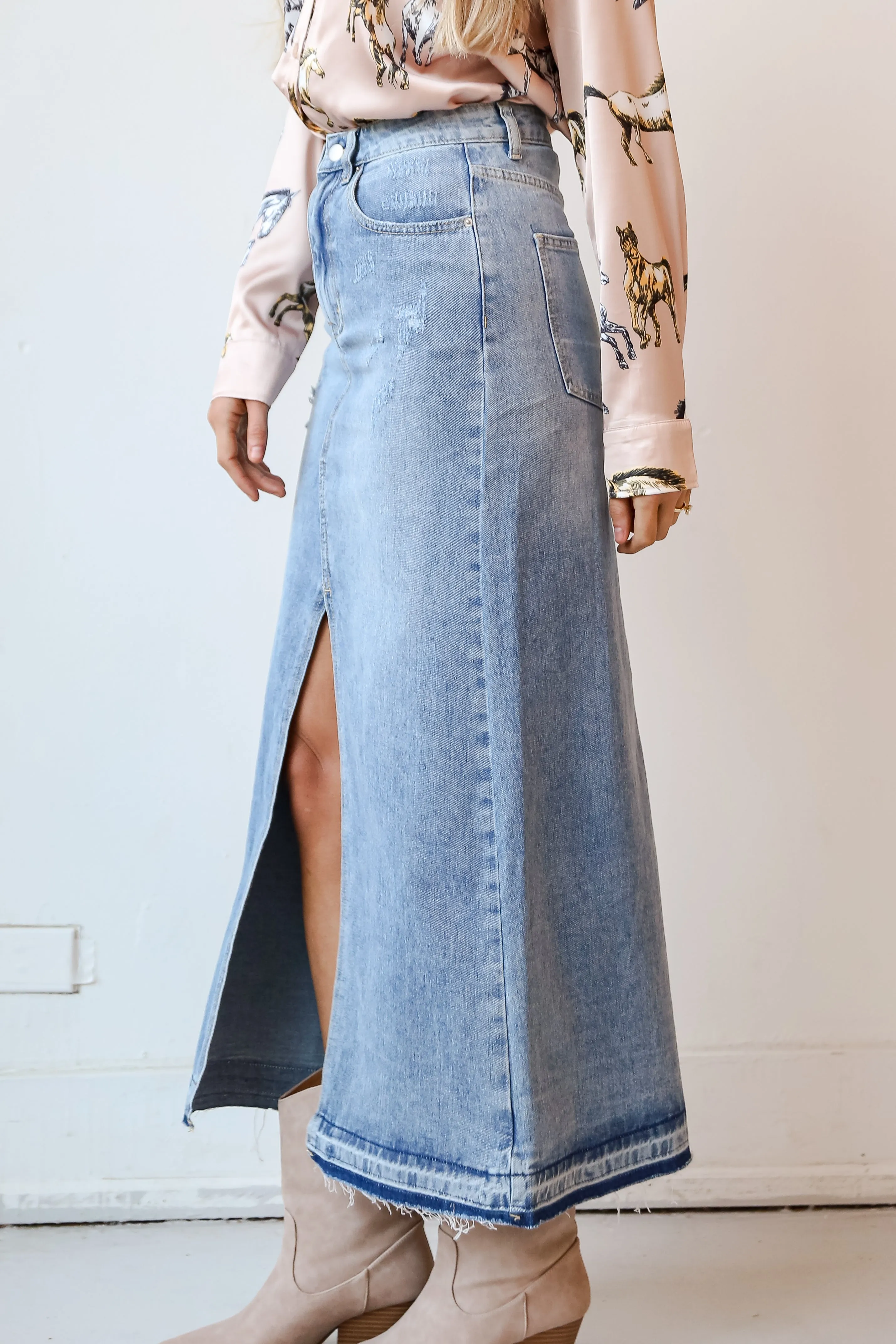 FINAL SALE - Playful Perfection Distressed Denim Maxi Skirt