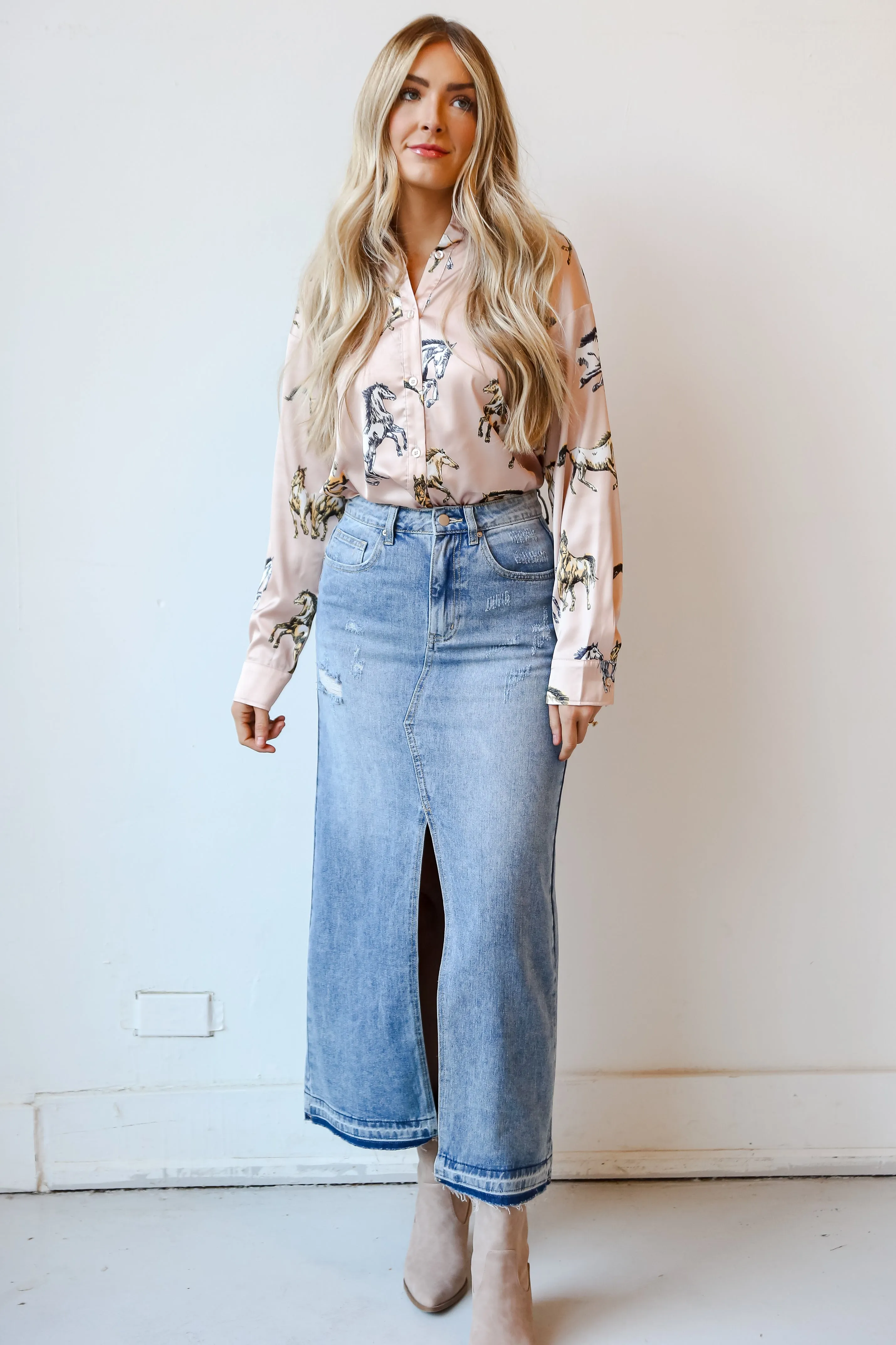 FINAL SALE - Playful Perfection Distressed Denim Maxi Skirt