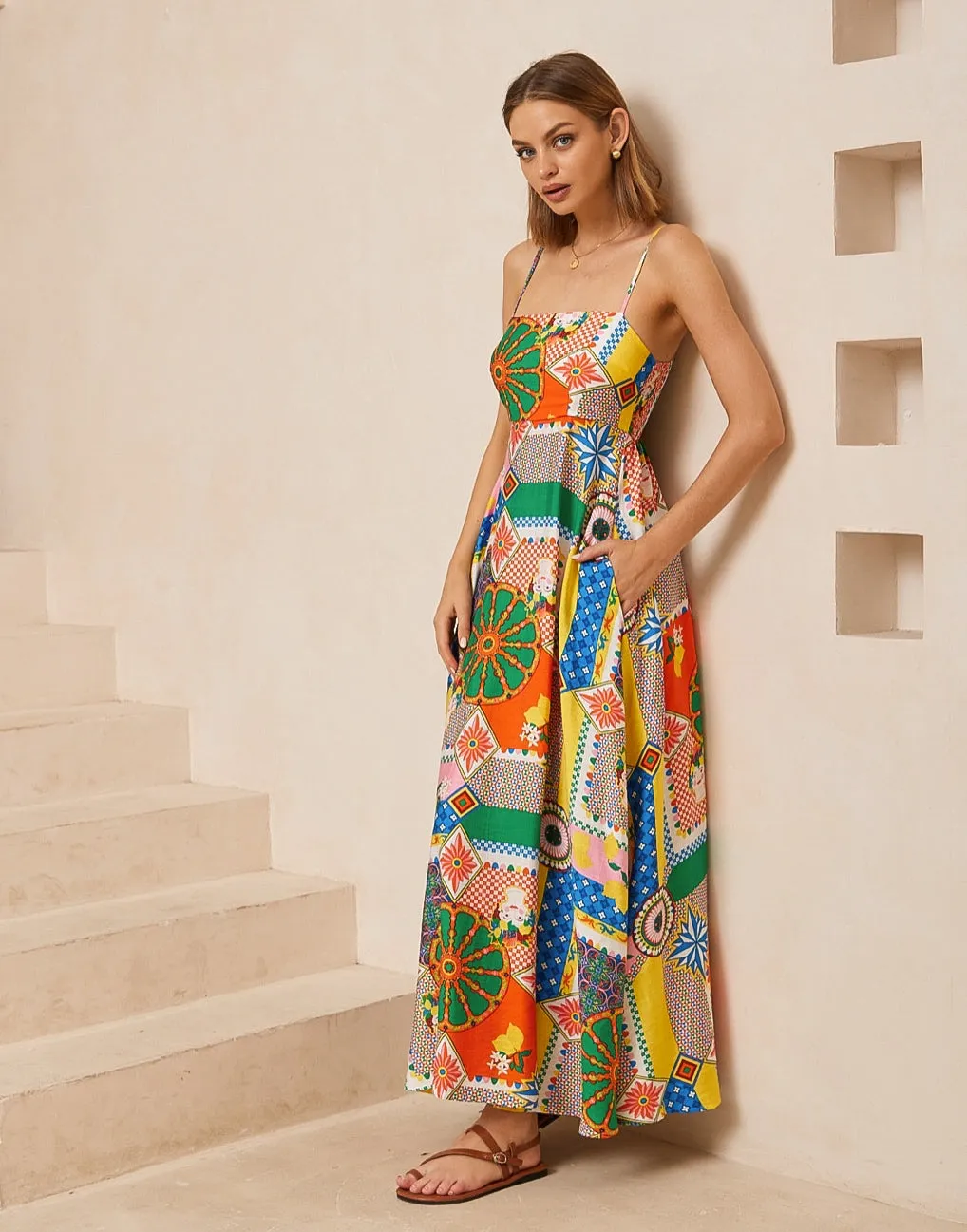 Frida Multi Color Print Maxi  Dress