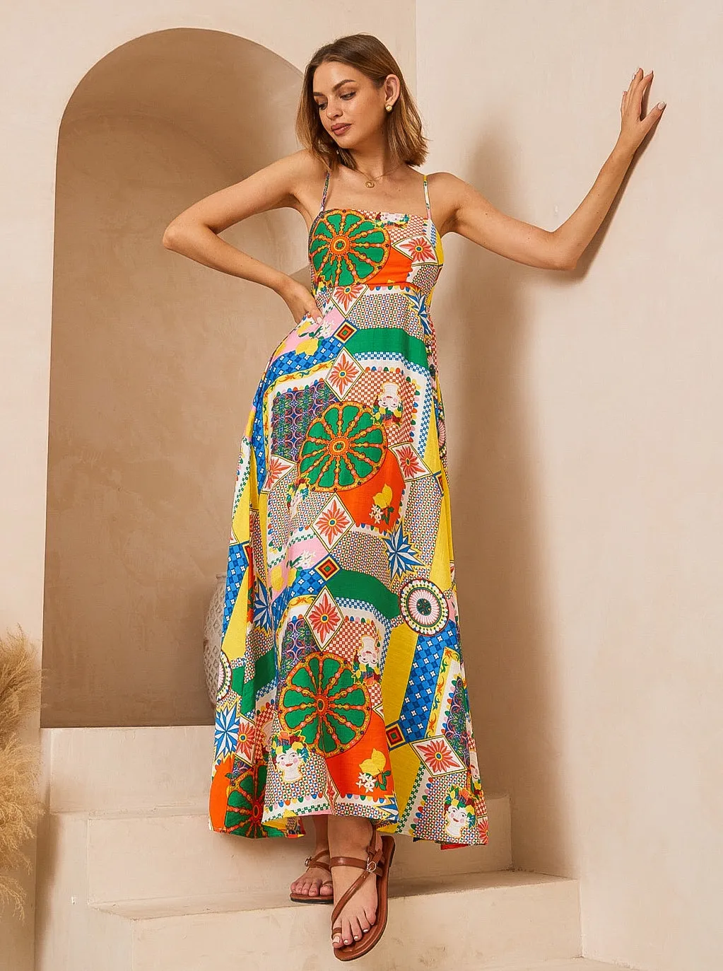 Frida Multi Color Print Maxi  Dress