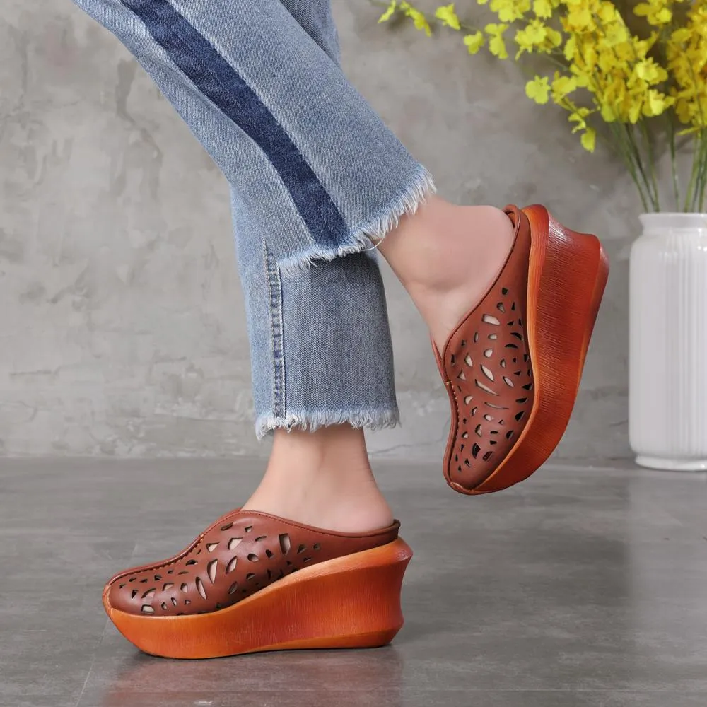 Genuine Leather Platform Slippers Handmade Thick Heel Hollow Pattern Slip-Ons Caramel/Green