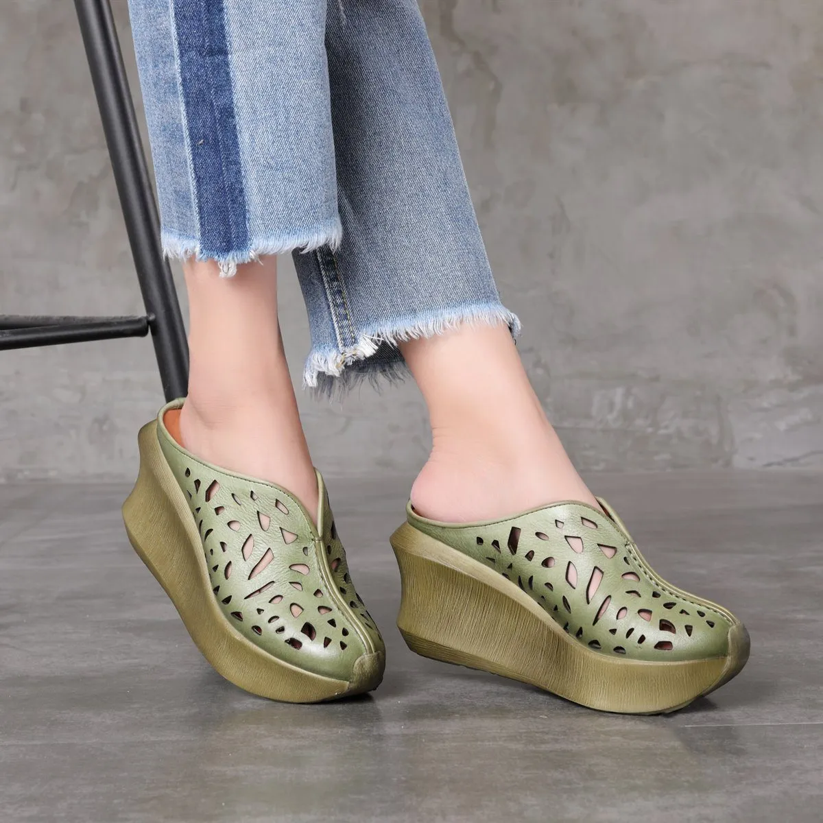 Genuine Leather Platform Slippers Handmade Thick Heel Hollow Pattern Slip-Ons Caramel/Green