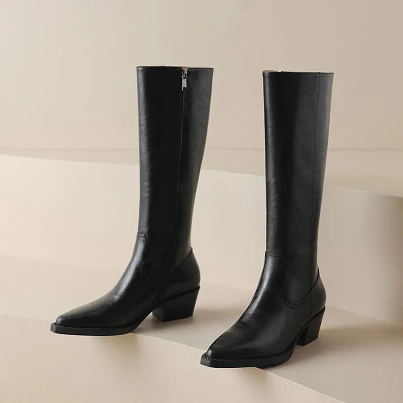 Genuine Leather Pointed Toe Chunky Heel Minimalist Design Women's Knee-High Boots in Black for Autumn