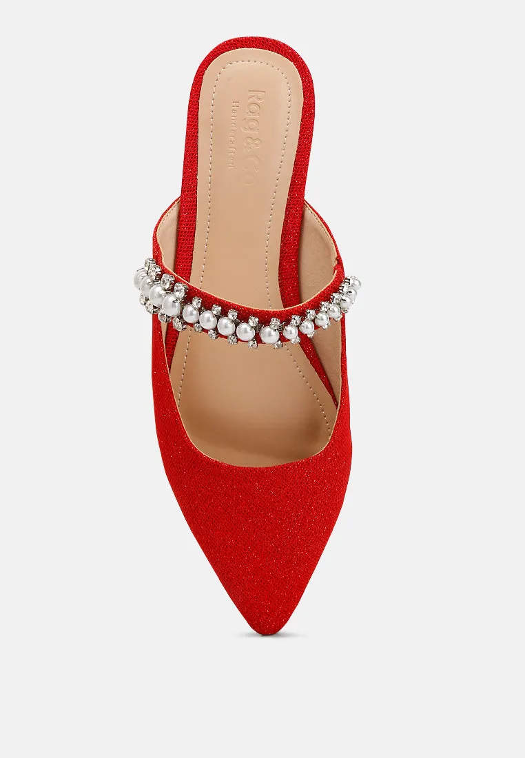 GEODE Pearl Embellished Slip On Mules In Red