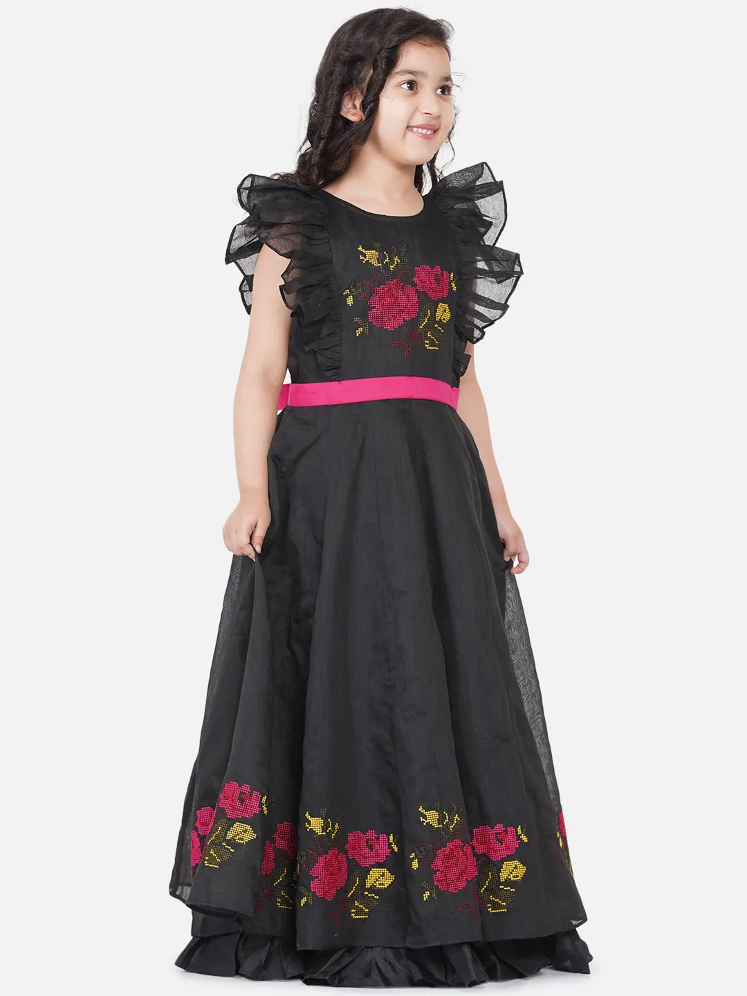 Girl's Black Chanderi Flower Embroidered Party Gown - Bitiya By Bhama