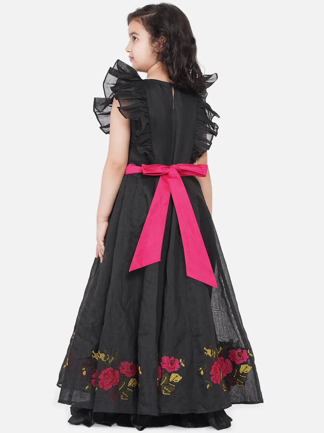 Girl's Black Chanderi Flower Embroidered Party Gown - Bitiya By Bhama