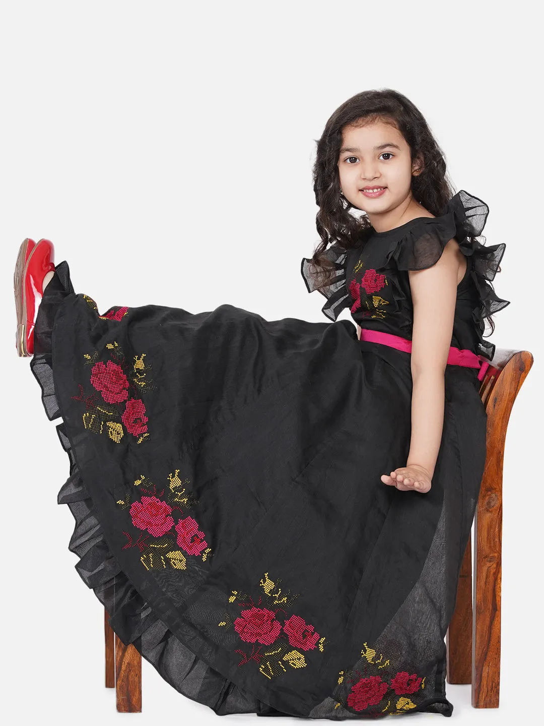 Girl's Black Chanderi Flower Embroidered Party Gown - Bitiya By Bhama