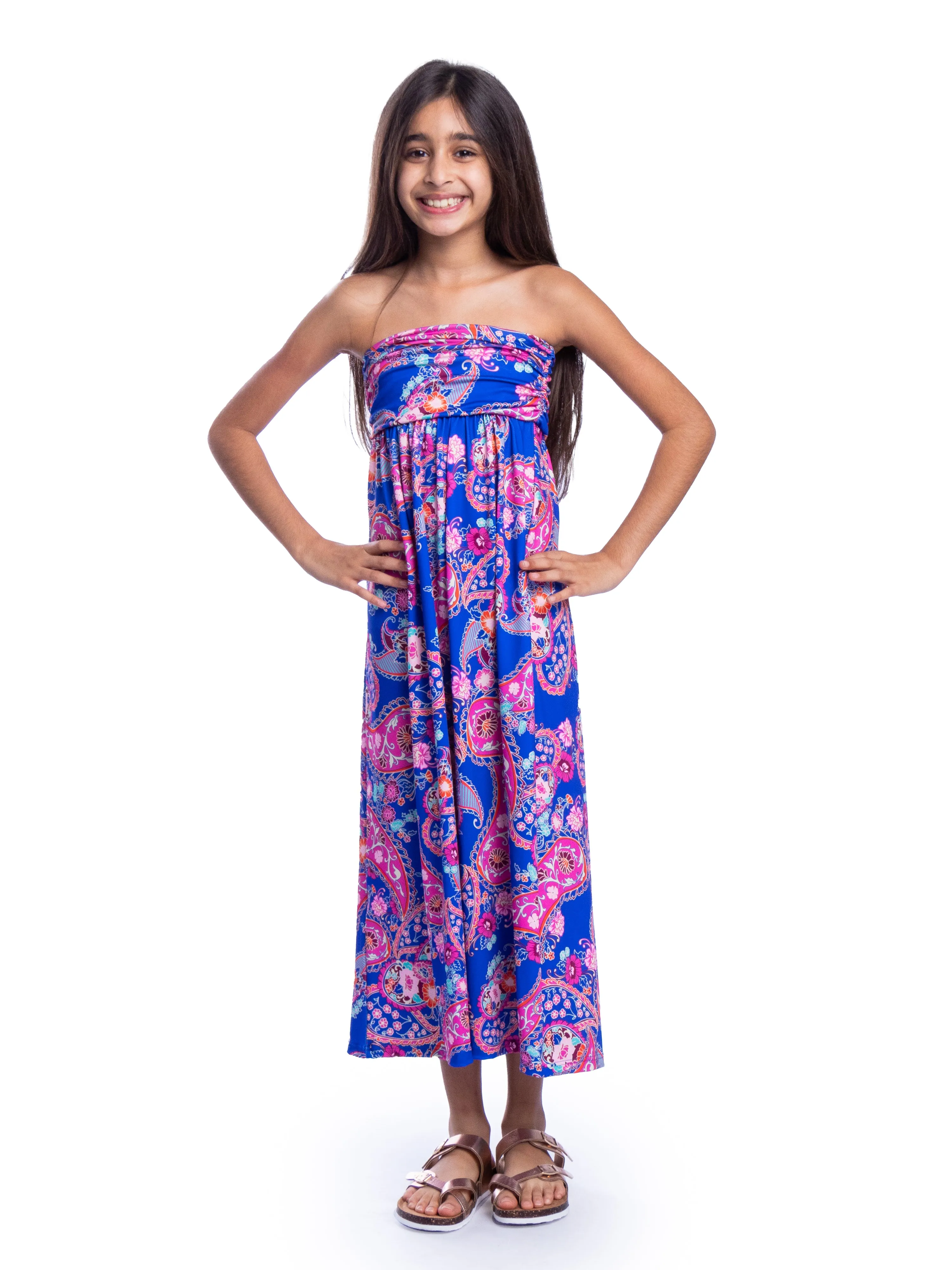 Girls Blue Paisley Print Strapless Tube Maxi Dress