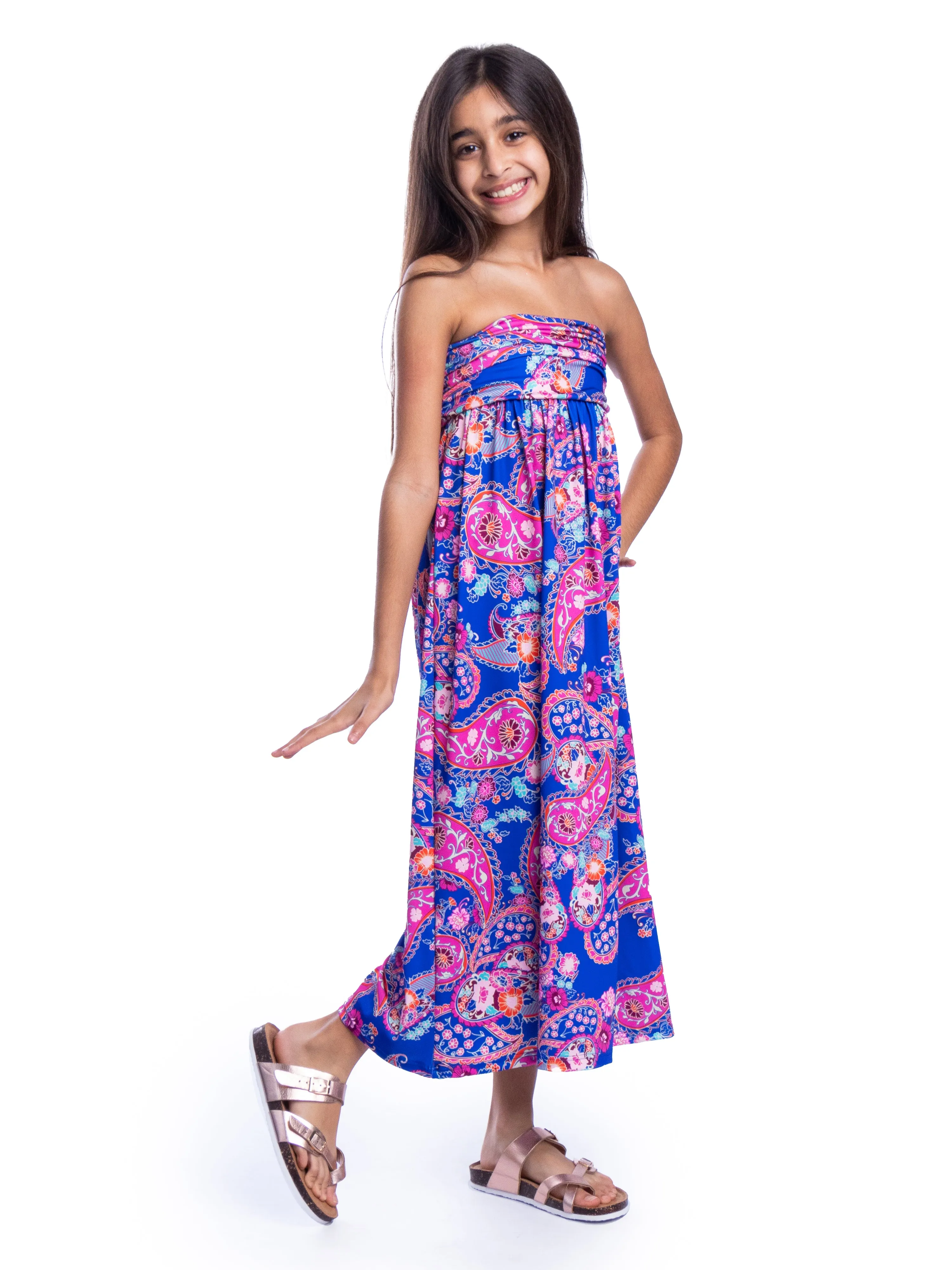 Girls Blue Paisley Print Strapless Tube Maxi Dress