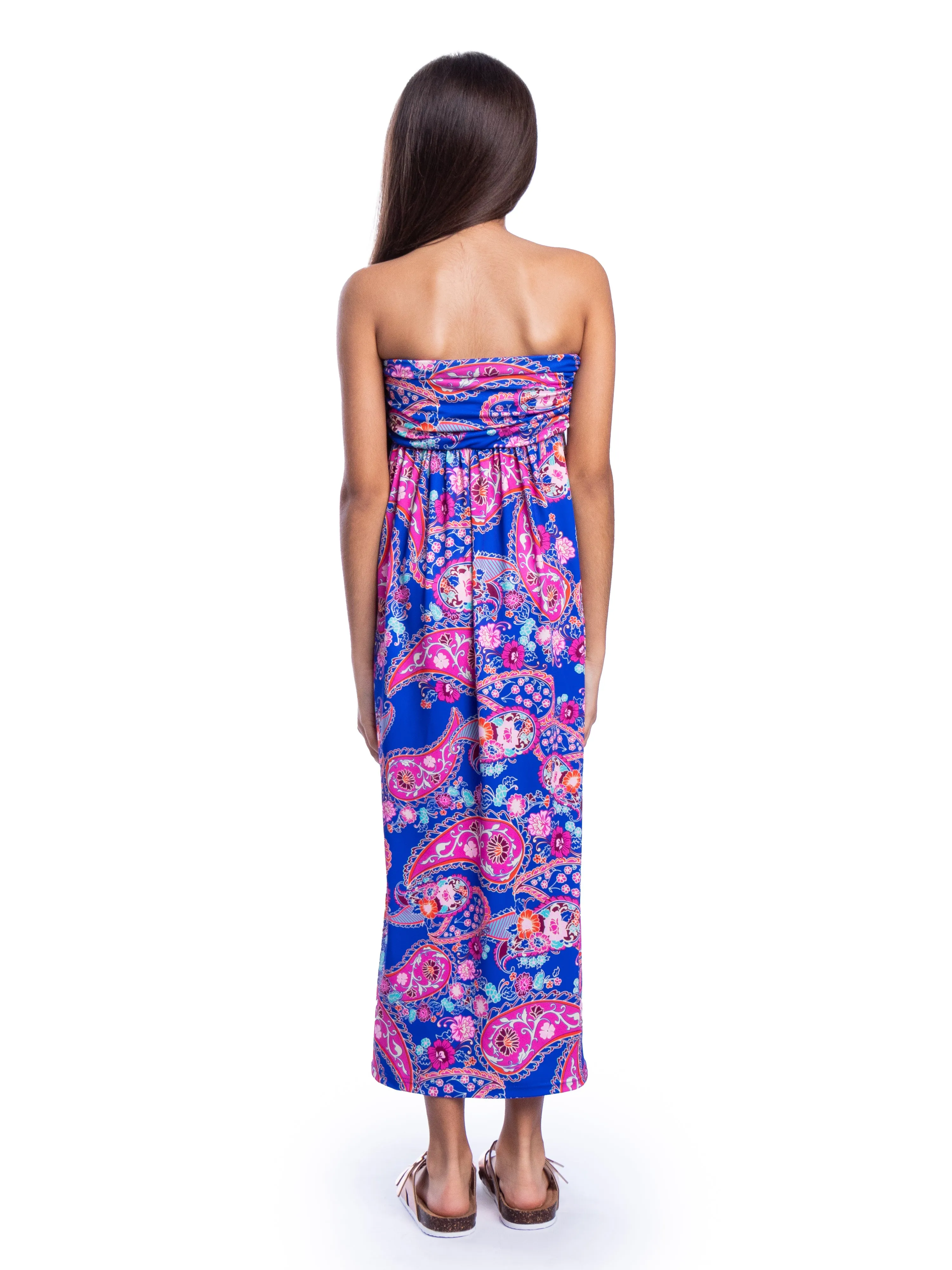 Girls Blue Paisley Print Strapless Tube Maxi Dress