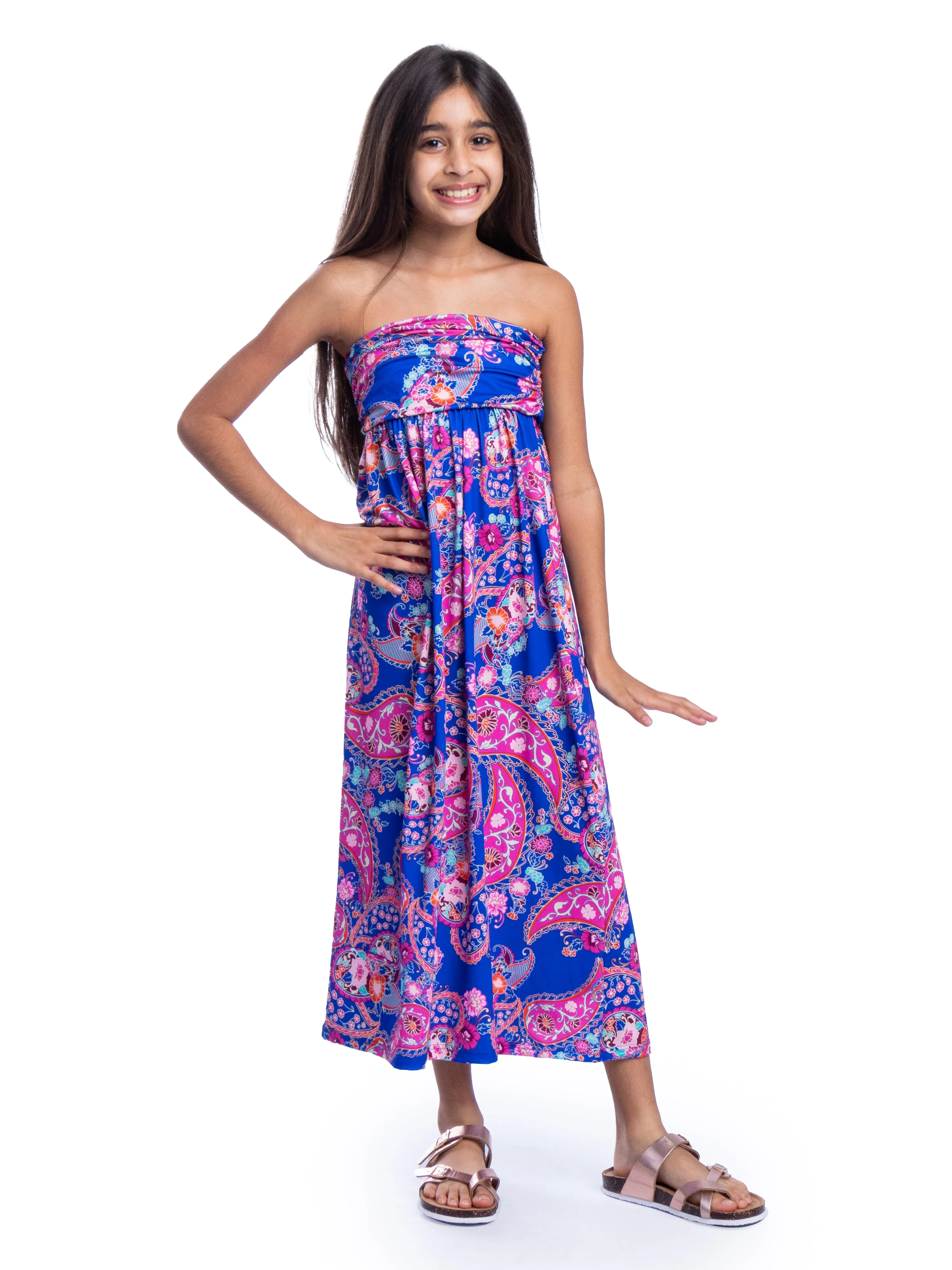 Girls Blue Paisley Print Strapless Tube Maxi Dress