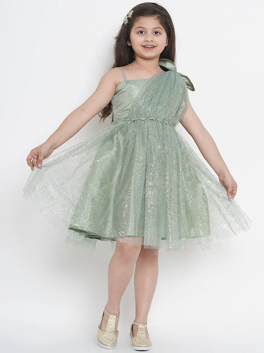 Girl's Green Embellished Fit And Flare Dress  - NOZ2TOZ KIDS