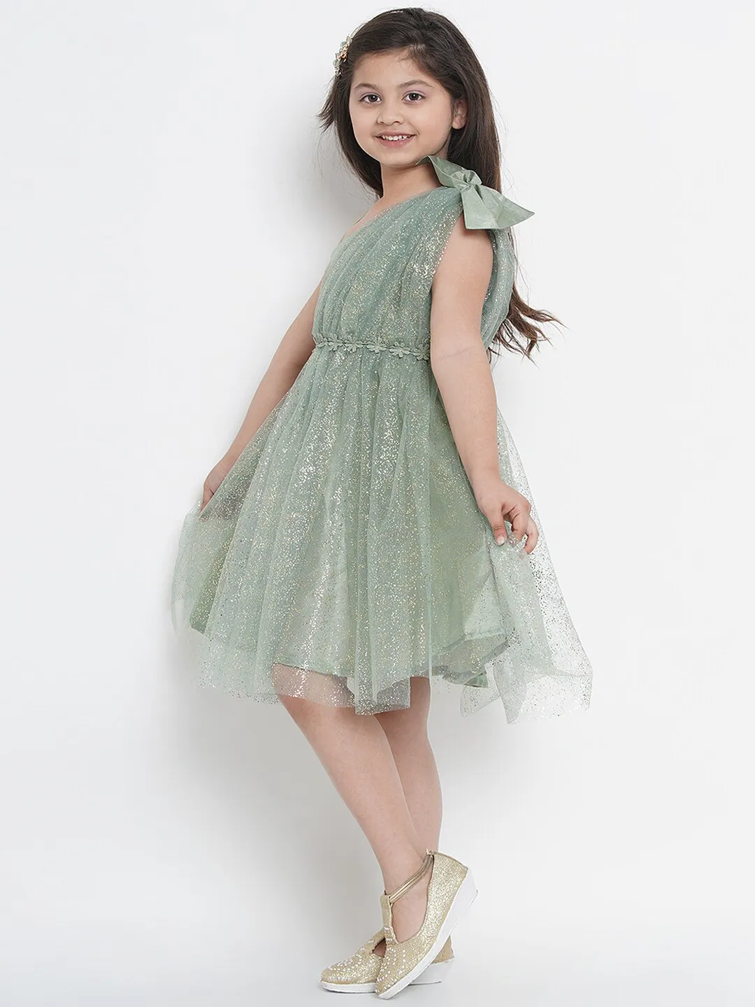 Girl's Green Embellished Fit And Flare Dress  - NOZ2TOZ KIDS