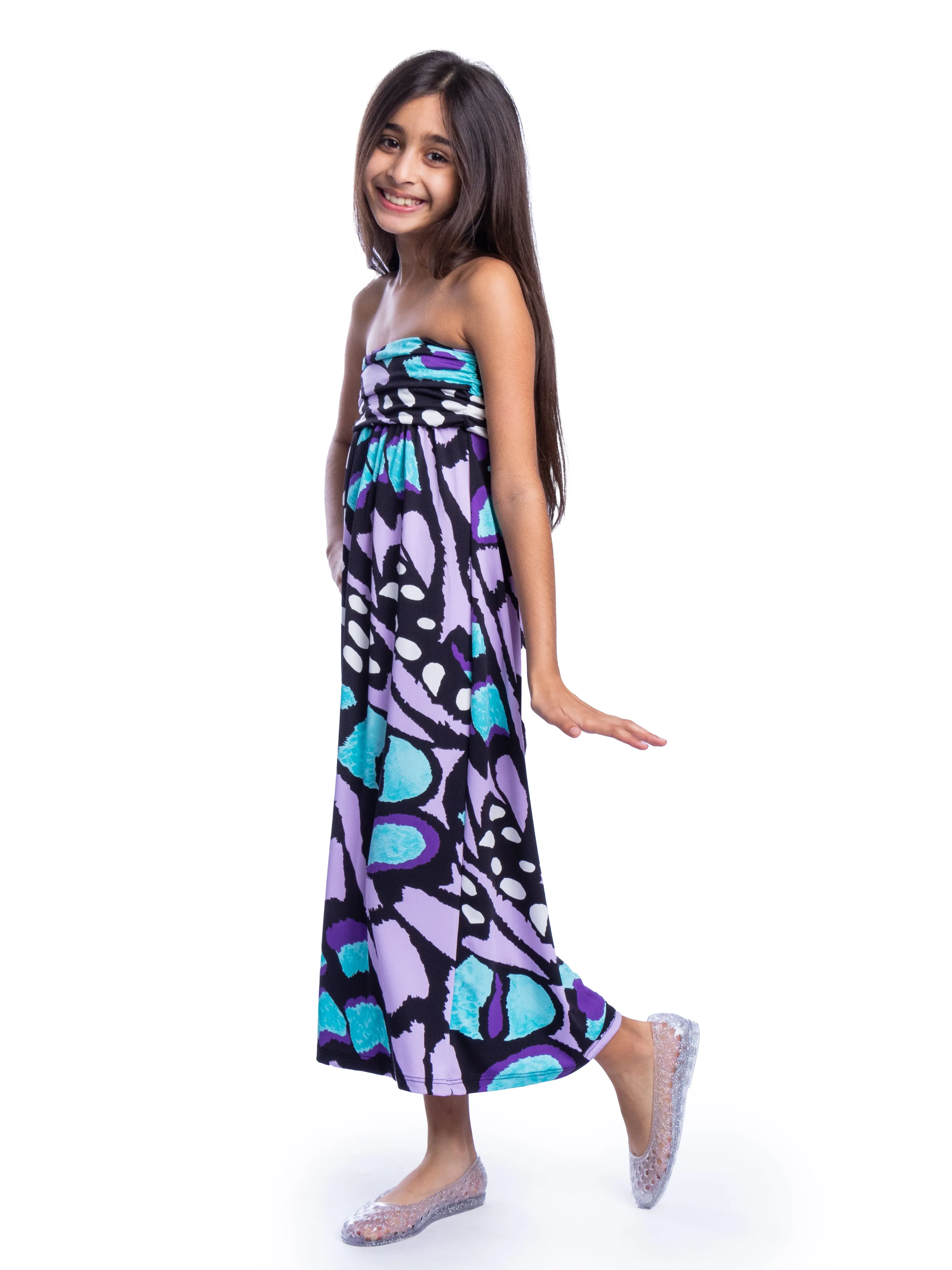 Girls Purple Butterfly Print Strapless Tube Maxi Dress