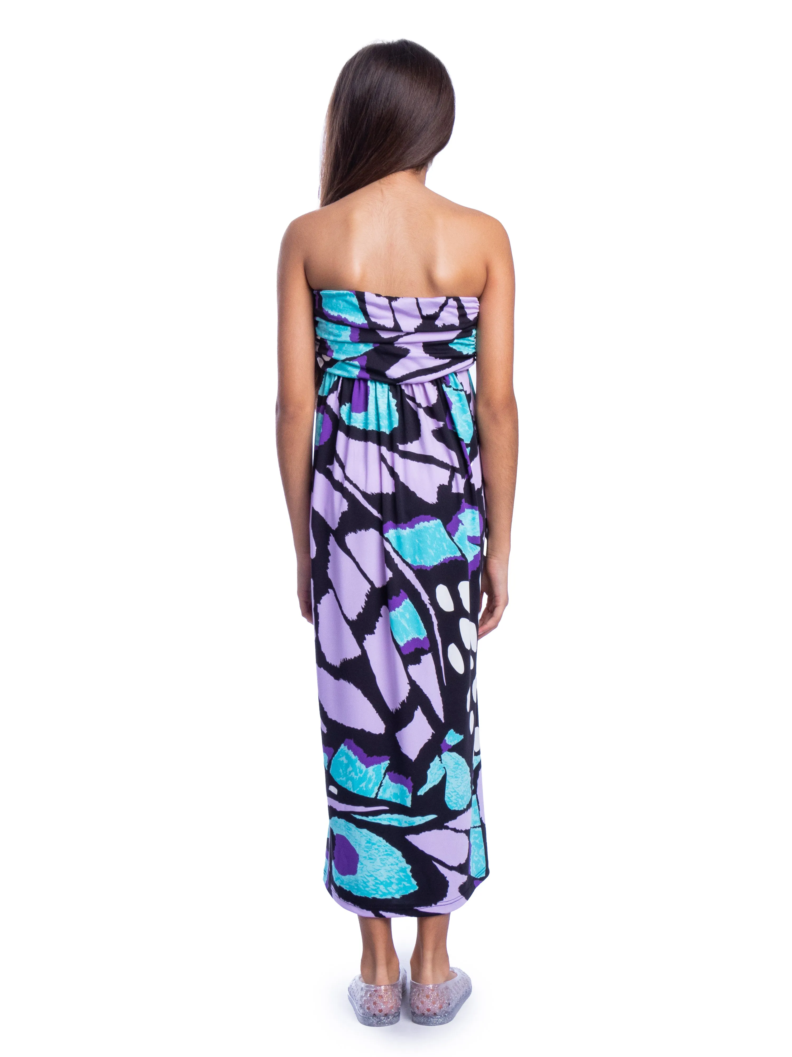 Girls Purple Butterfly Print Strapless Tube Maxi Dress