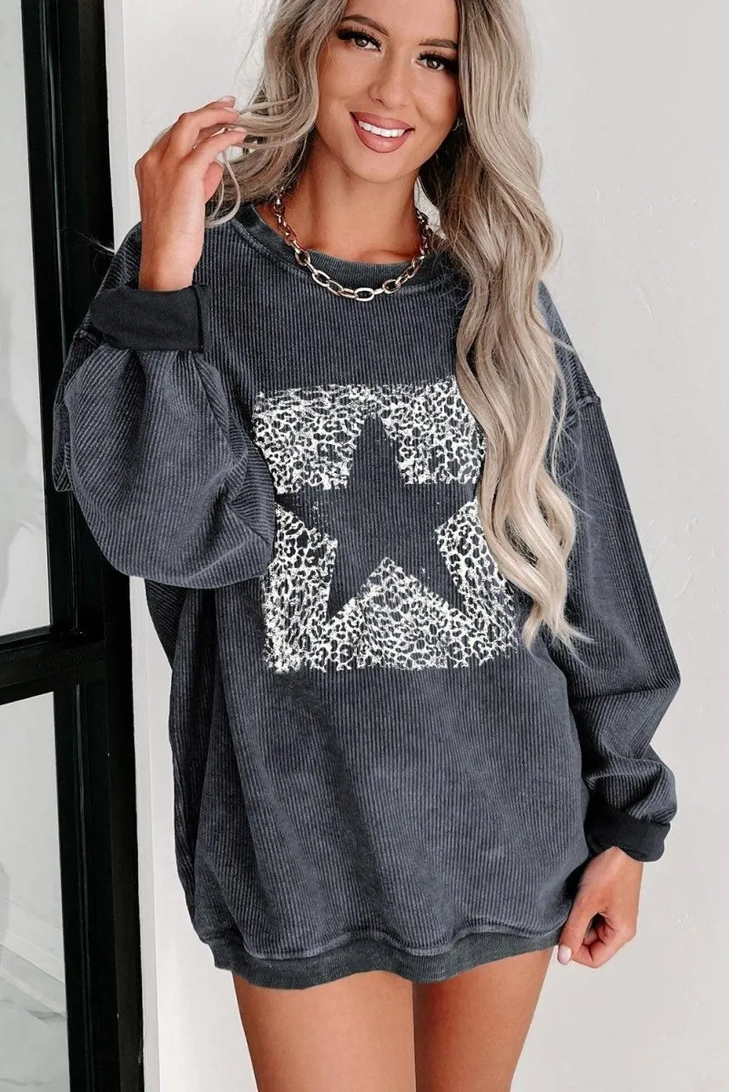 Gray Leopard Star Graphic Sweatshirt