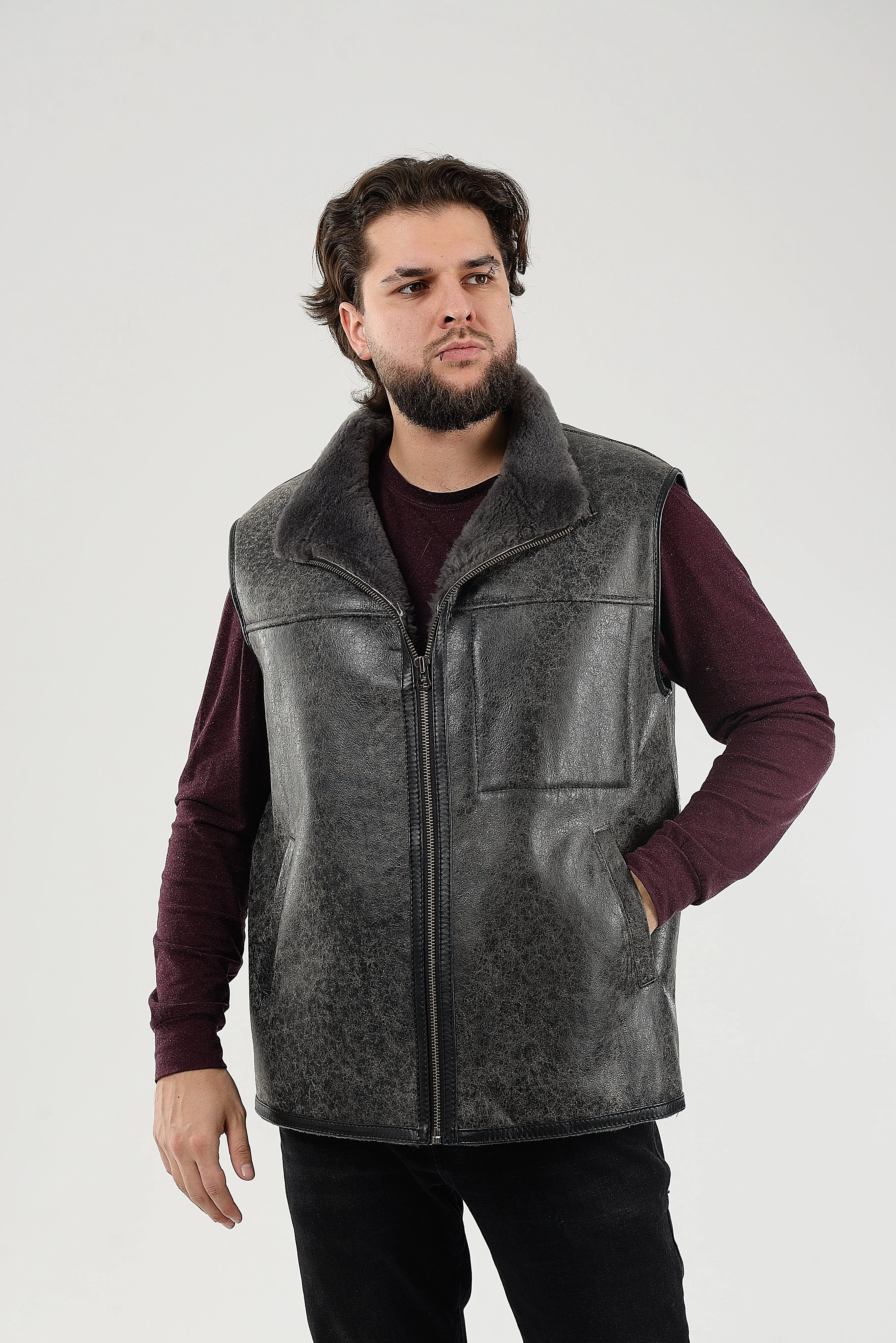 Gray Sheepskin Vest for Men, Handmade Sleeveless Jacket