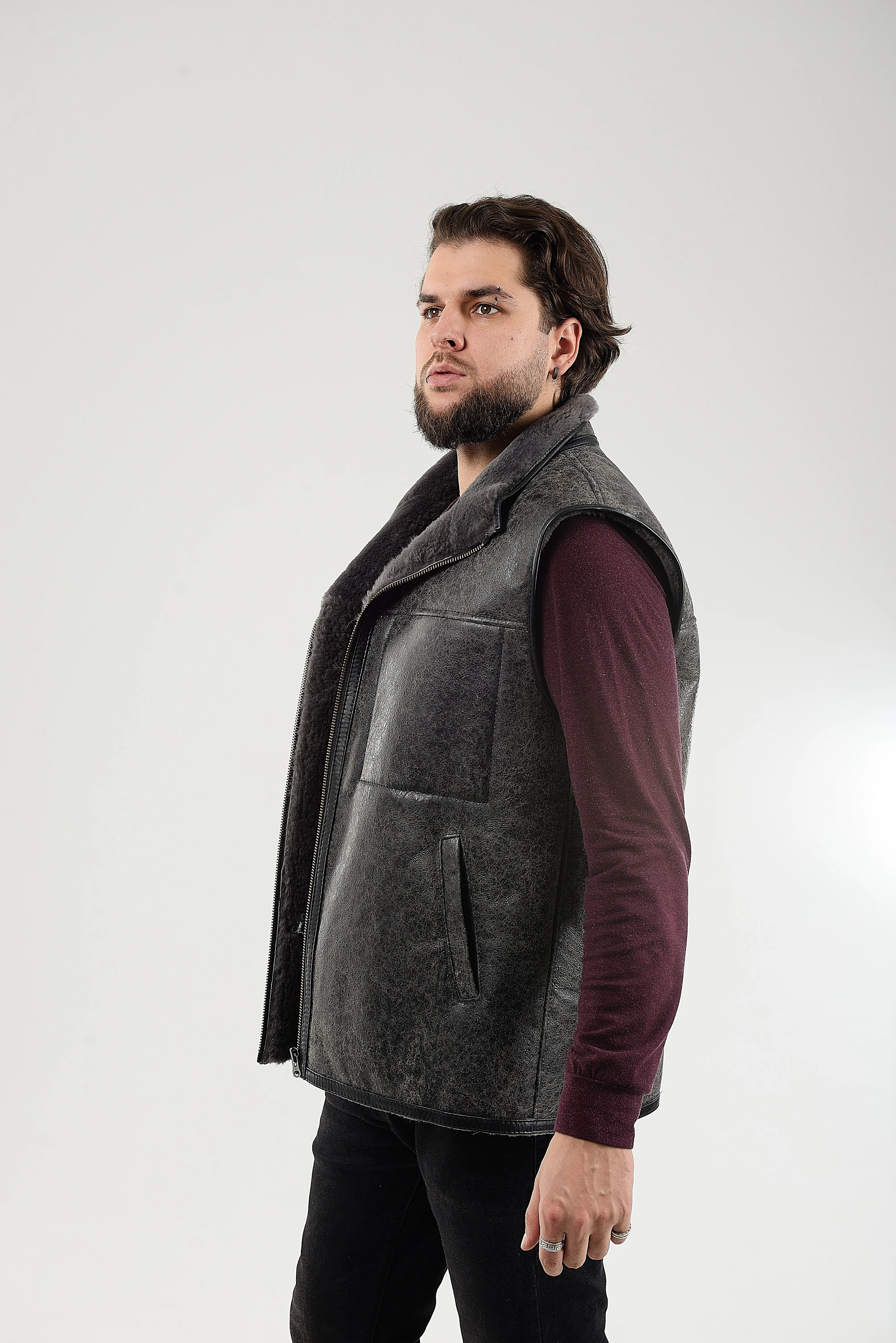 Gray Sheepskin Vest for Men, Handmade Sleeveless Jacket