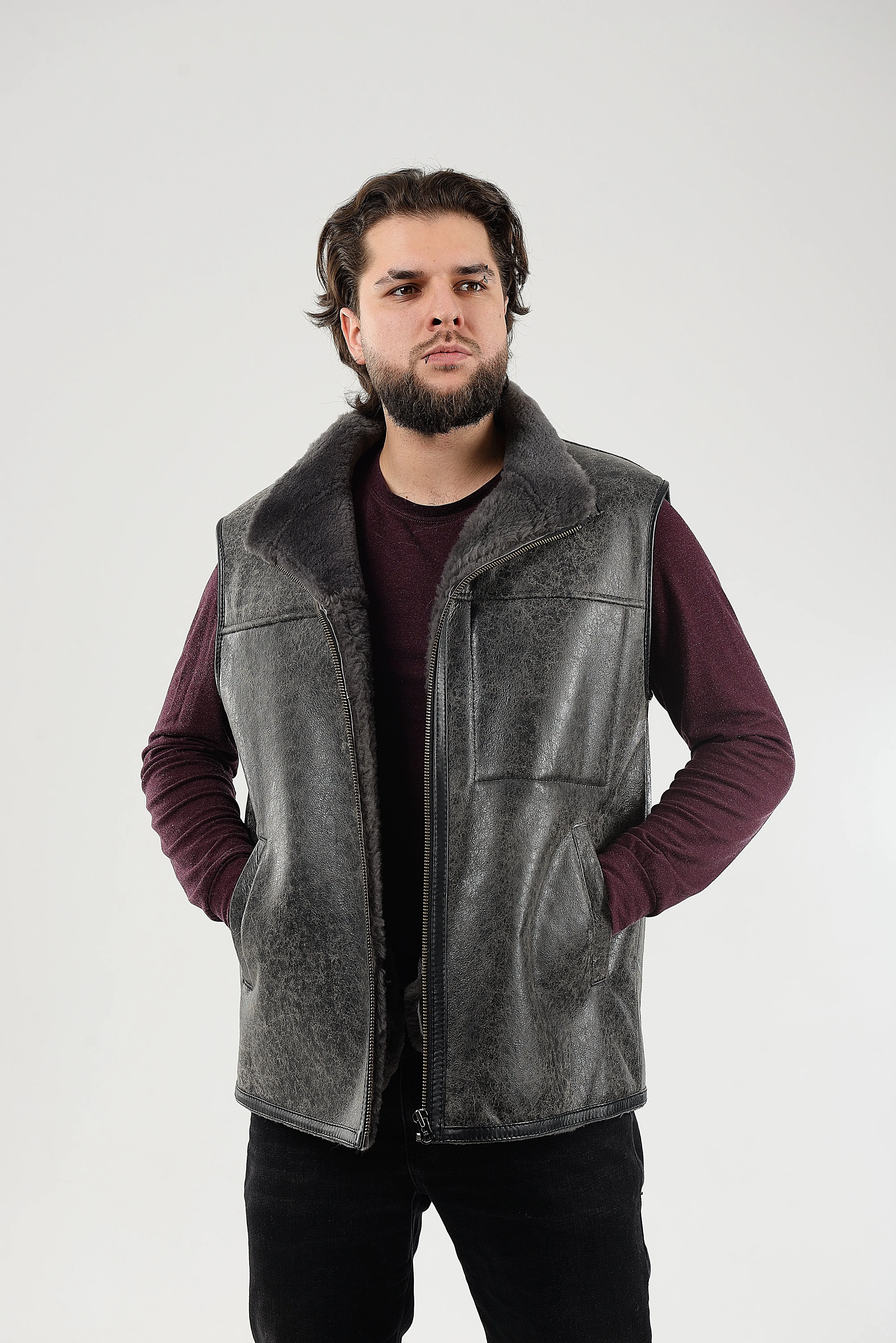 Gray Sheepskin Vest for Men, Handmade Sleeveless Jacket