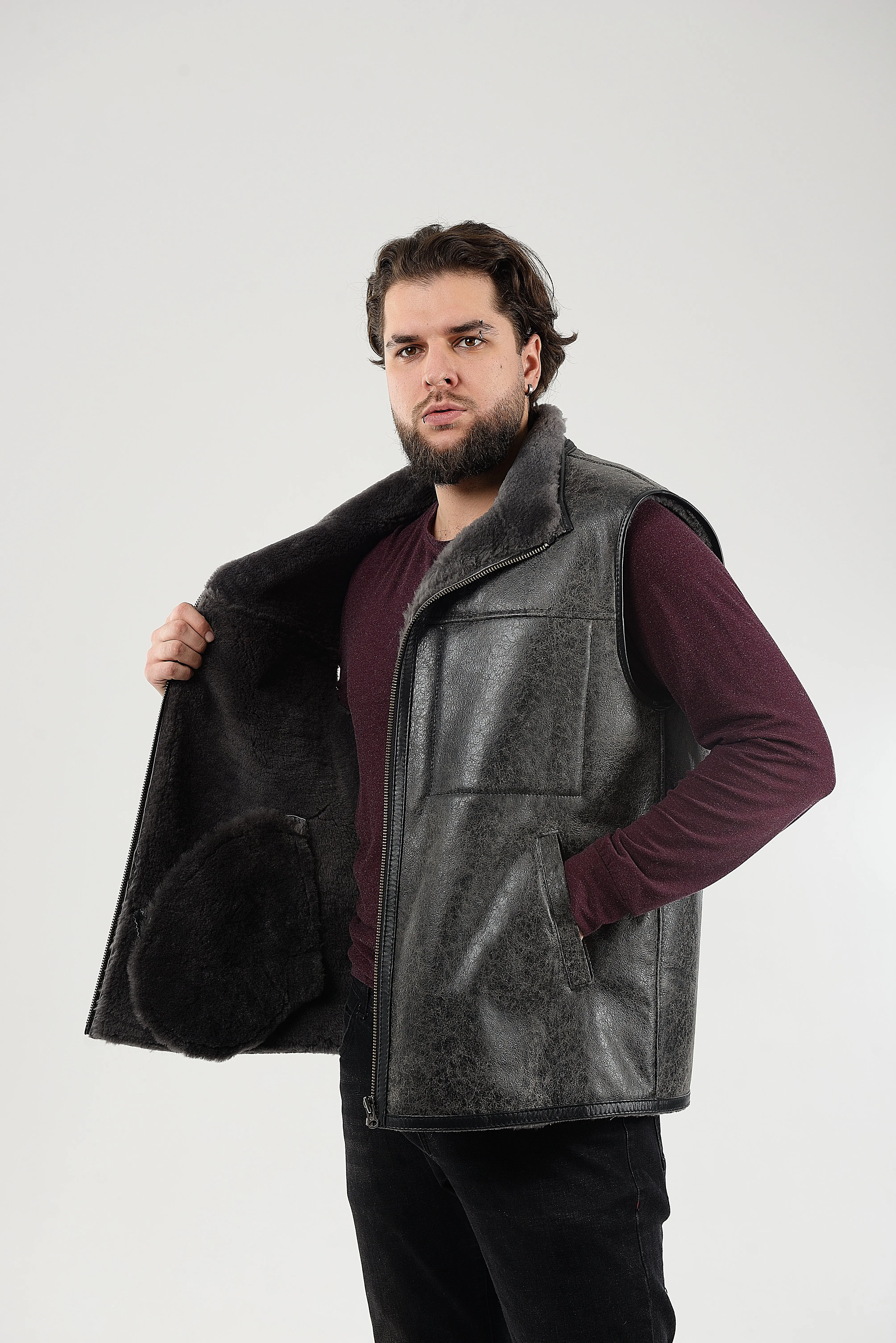 Gray Sheepskin Vest for Men, Handmade Sleeveless Jacket