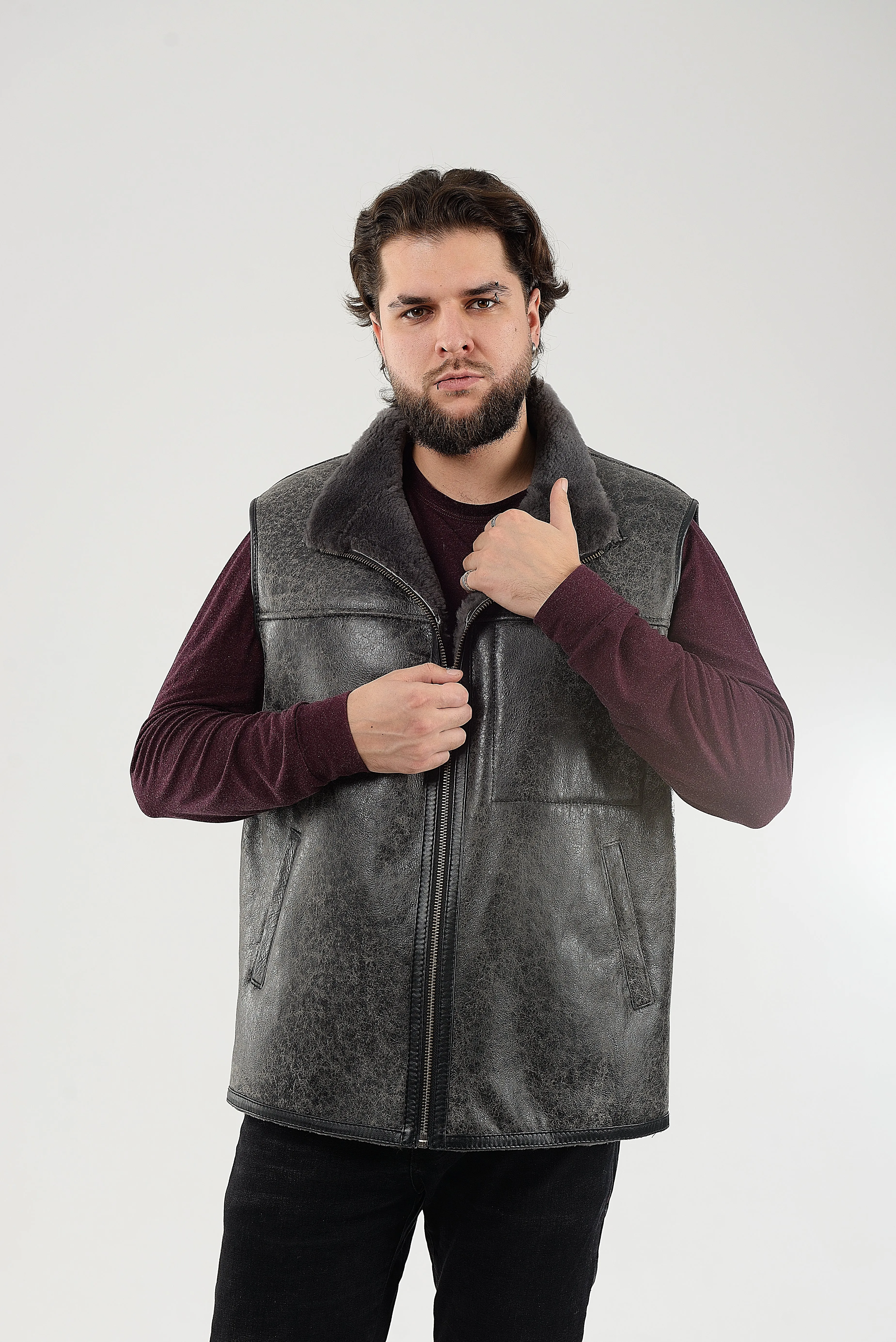 Gray Sheepskin Vest for Men, Handmade Sleeveless Jacket