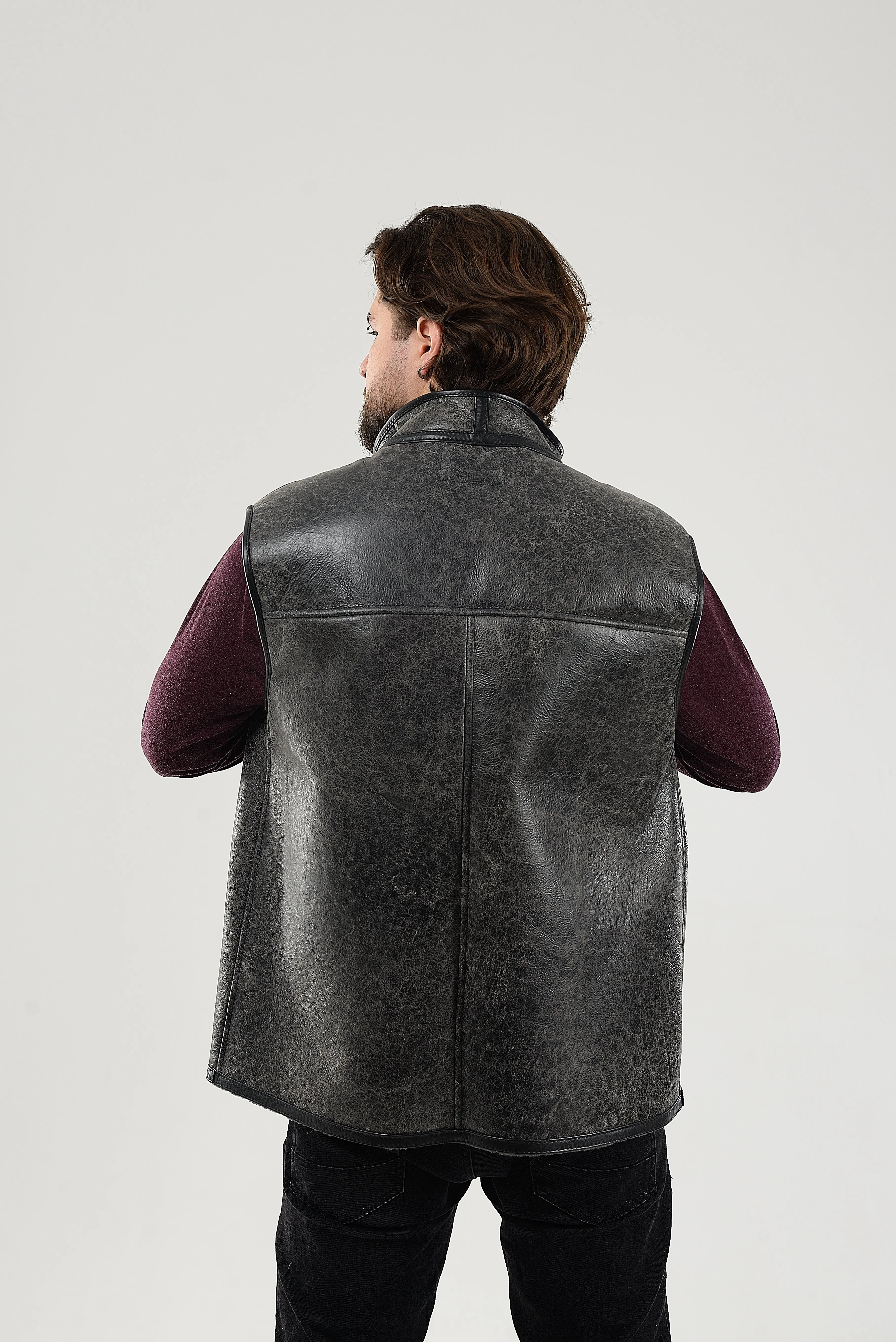 Gray Sheepskin Vest for Men, Handmade Sleeveless Jacket