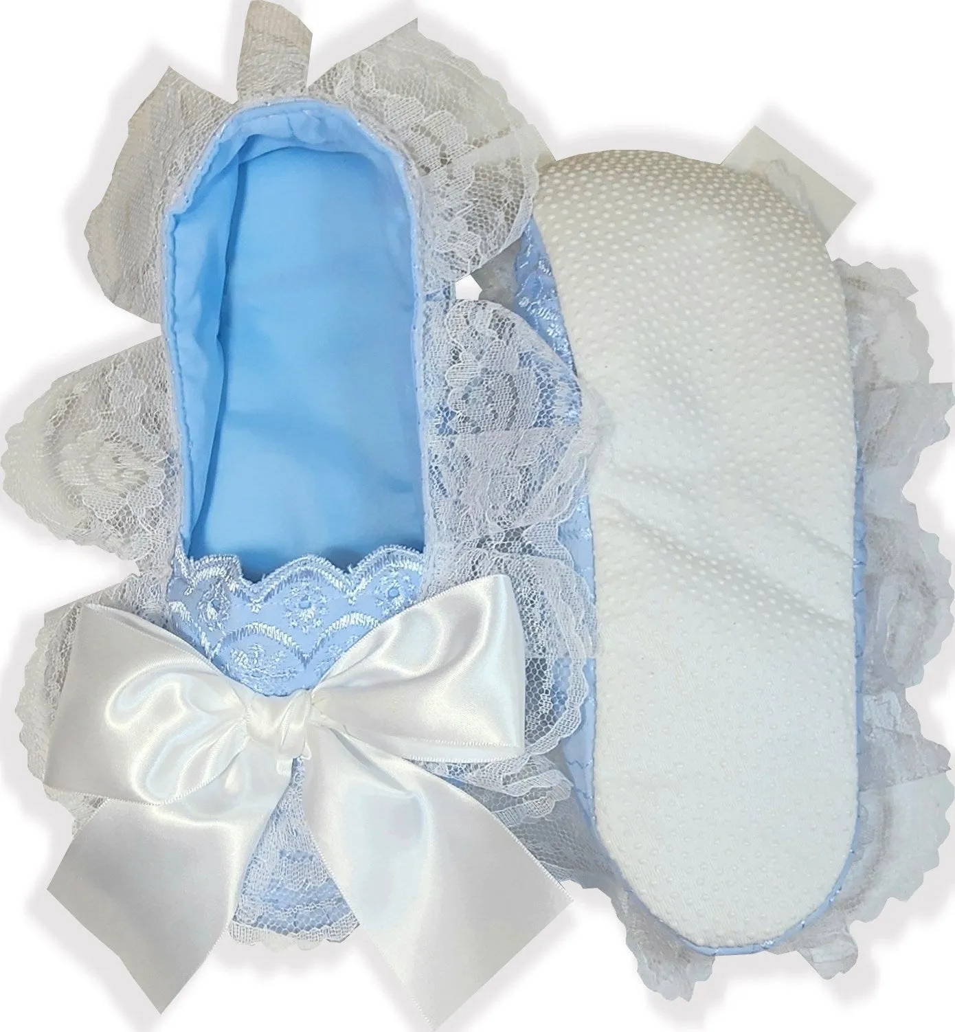 Handmade Baby Blue Eyelet Lace Adult Baby Sissy Booties Slippers by Leanne's