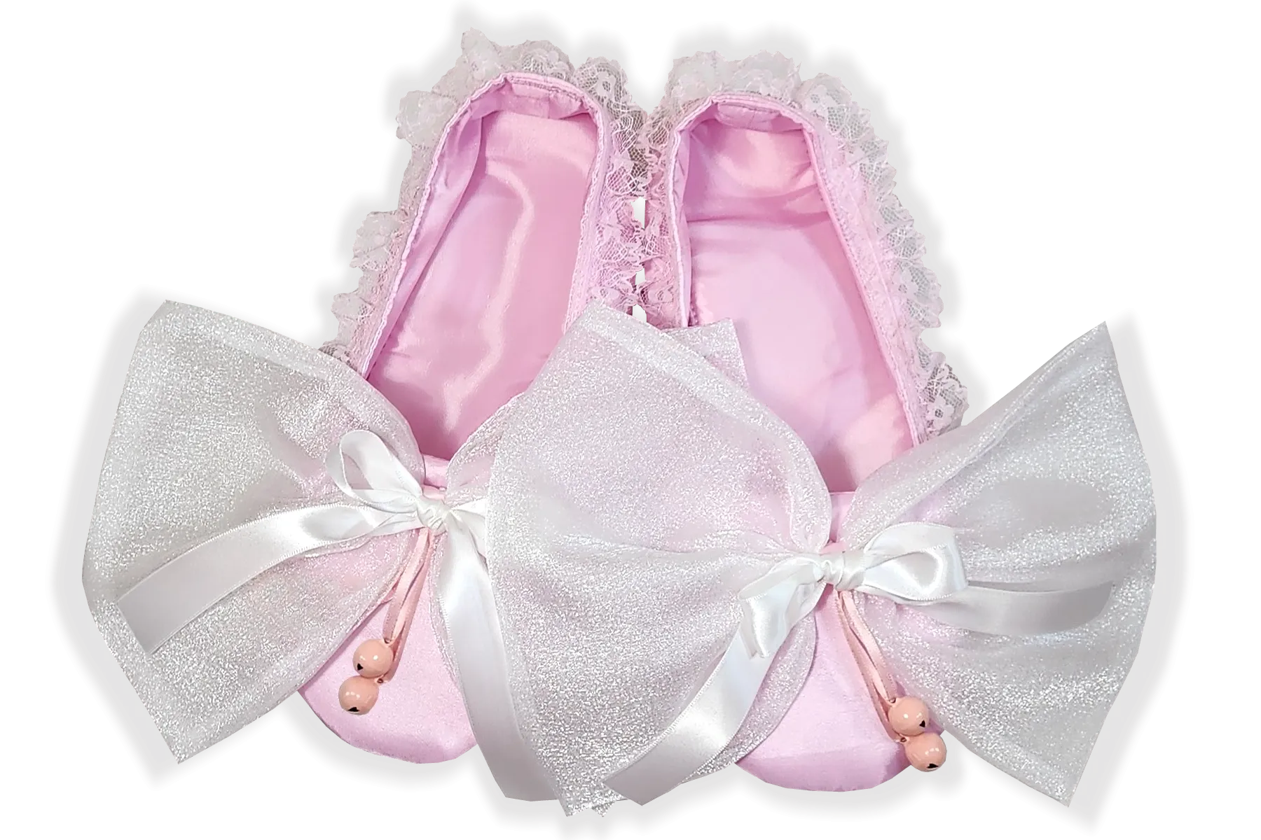 Handmade Pink Taffeta Organza Bows Jingle Bells Adult Baby Sissy Booties Slippers by Leanne's