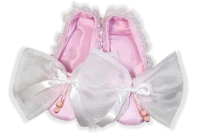 Handmade Pink Taffeta Organza Bows Jingle Bells Adult Baby Sissy Booties Slippers by Leanne's