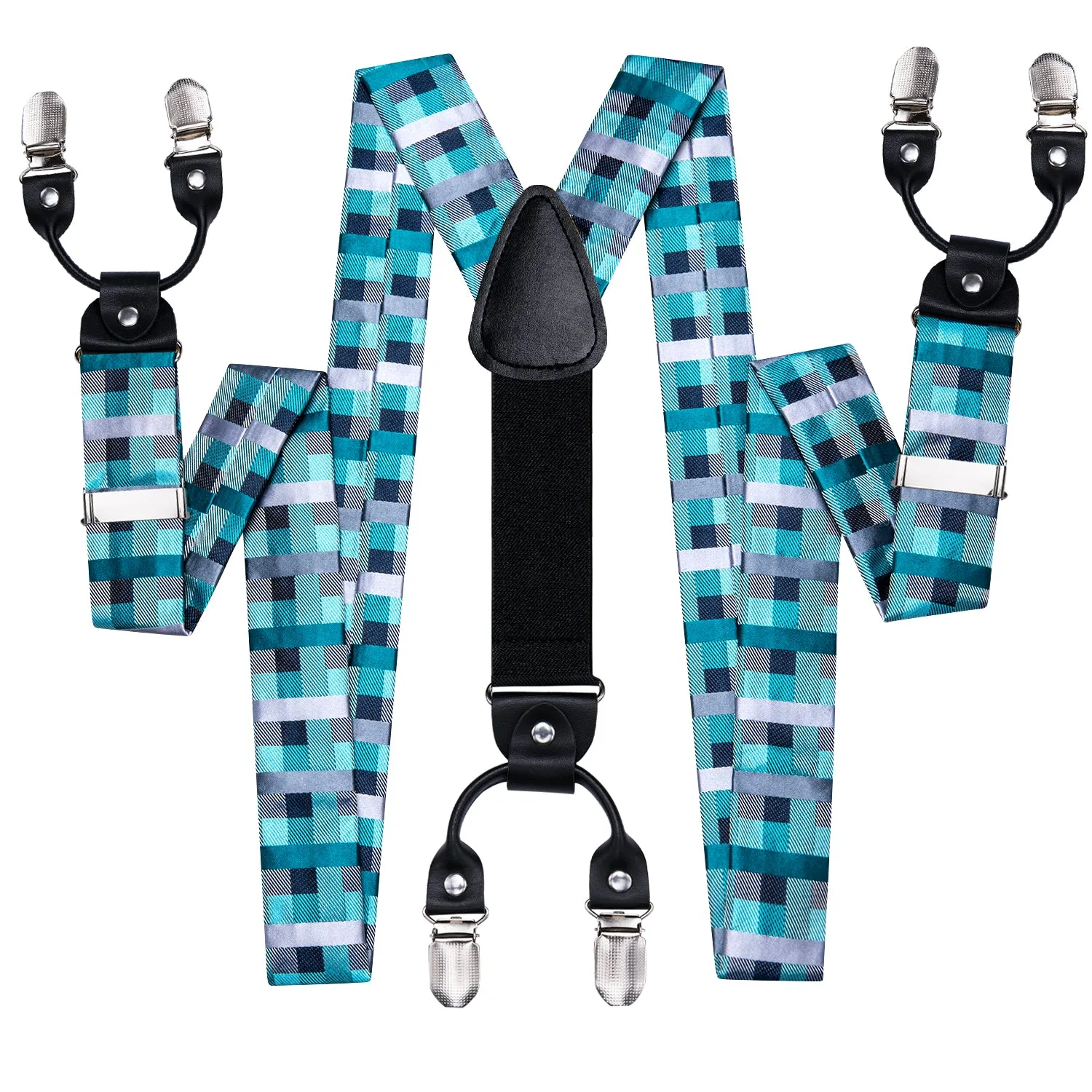 Hi-Tie Green Plaid Men's Suspender Bowtie Pocket Square Cufflinks Set