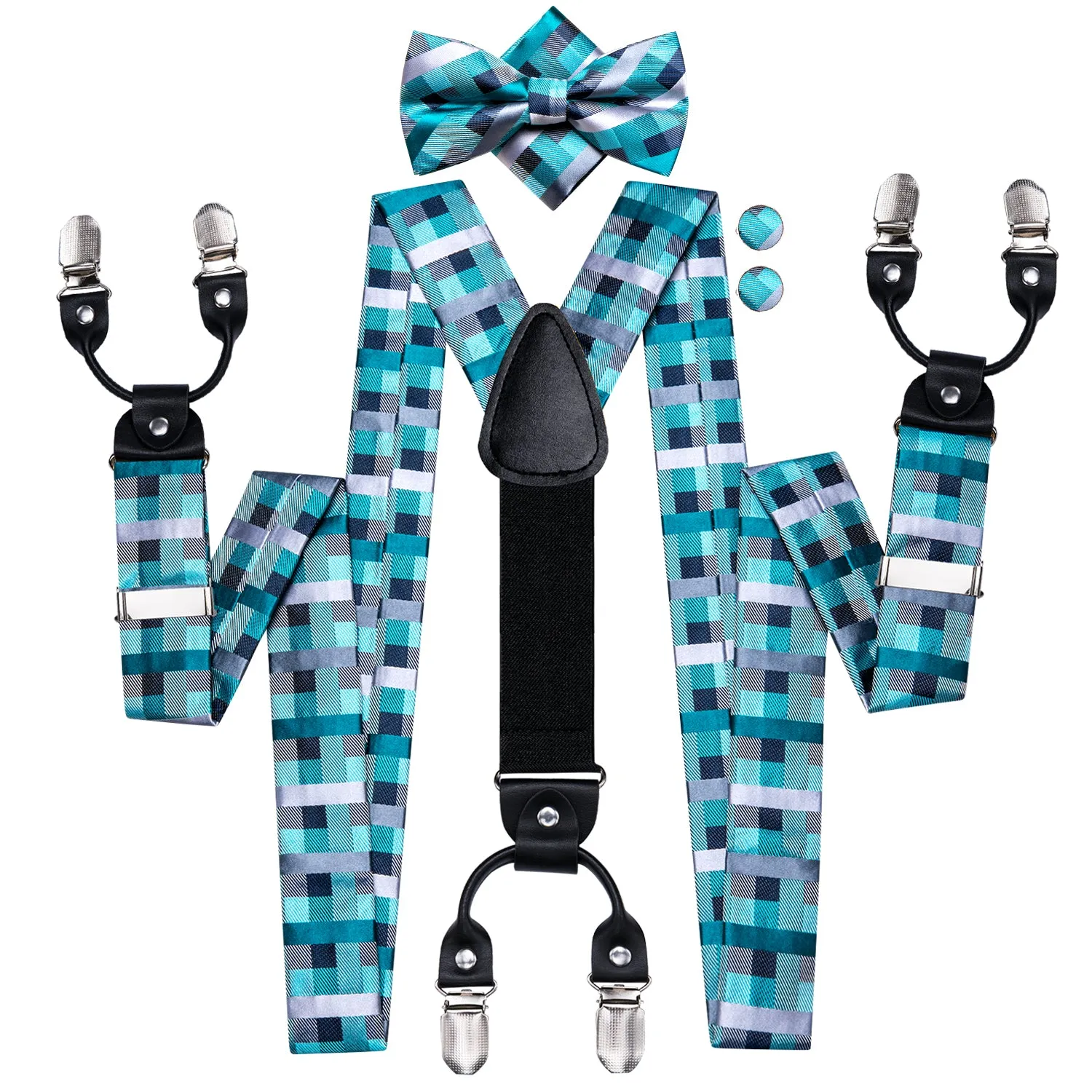 Hi-Tie Green Plaid Men's Suspender Bowtie Pocket Square Cufflinks Set