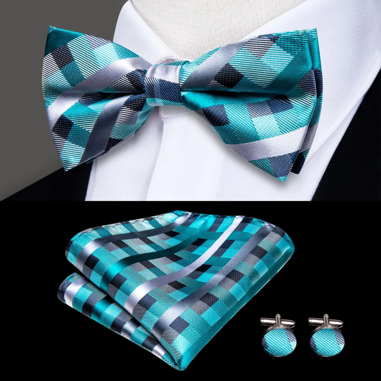 Hi-Tie Green Plaid Men's Suspender Bowtie Pocket Square Cufflinks Set