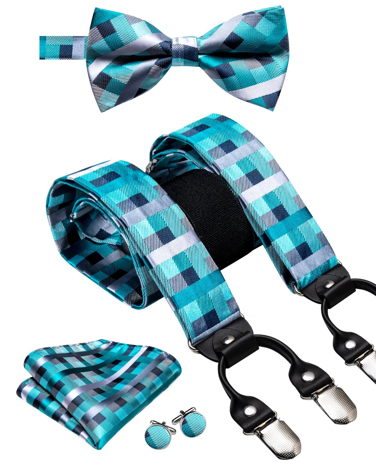 Hi-Tie Green Plaid Men's Suspender Bowtie Pocket Square Cufflinks Set