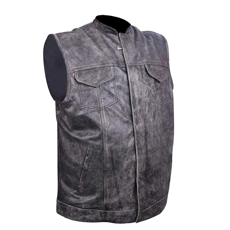 HMM914DG Distressed Gray Motorcycle Club Leather Vest