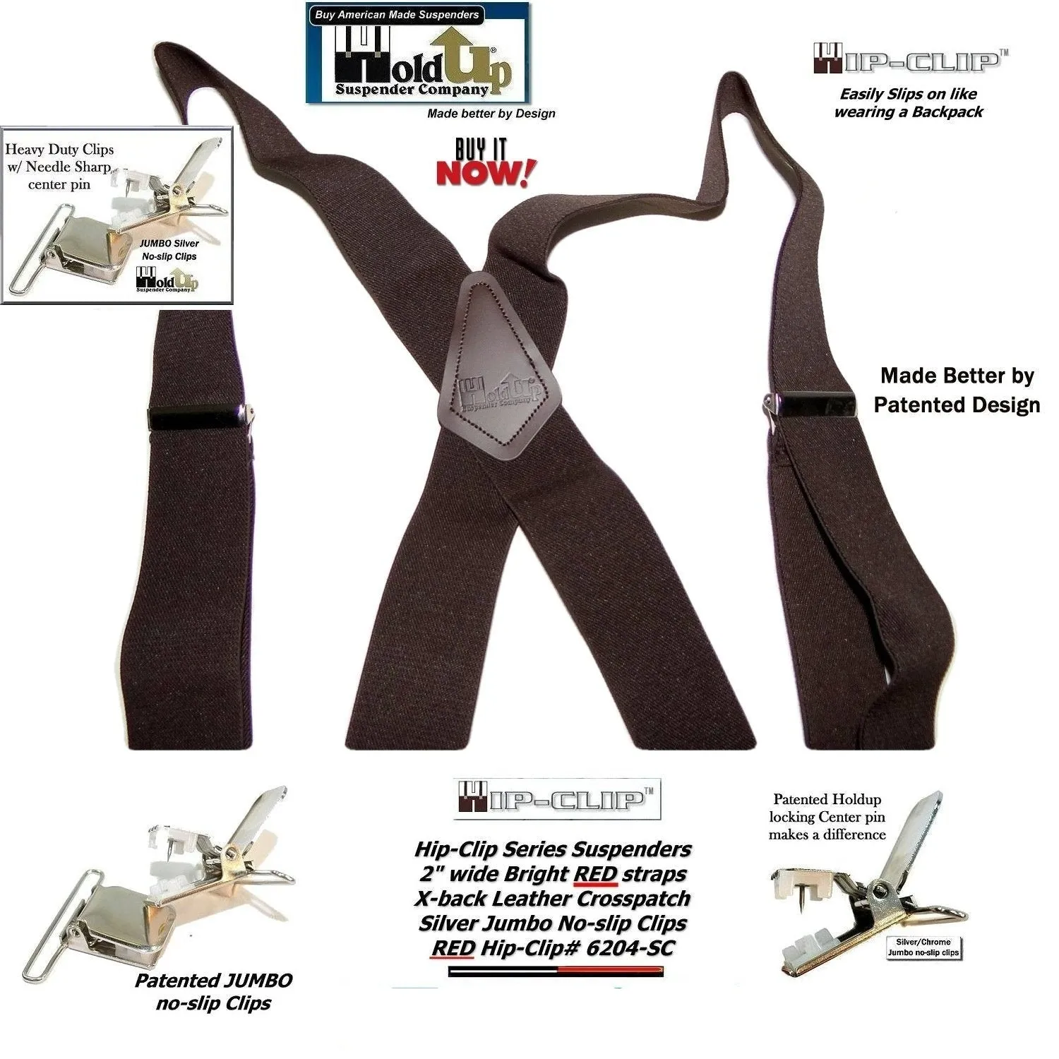 Holdup 2" wide Dark Brown Hip-clip Side Clip Suspenders with USA patented Jumbo No-slip Clips