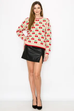 Ivory Cherry Print Round Neck Sweater