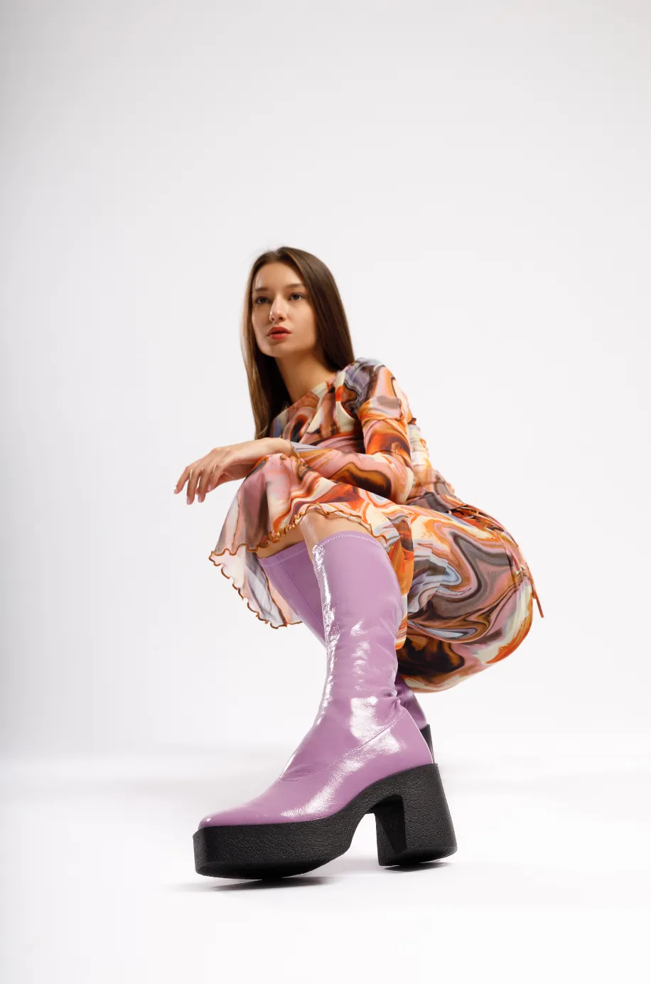 Izumi Violet Patent Stretch Leather Chunky Boots