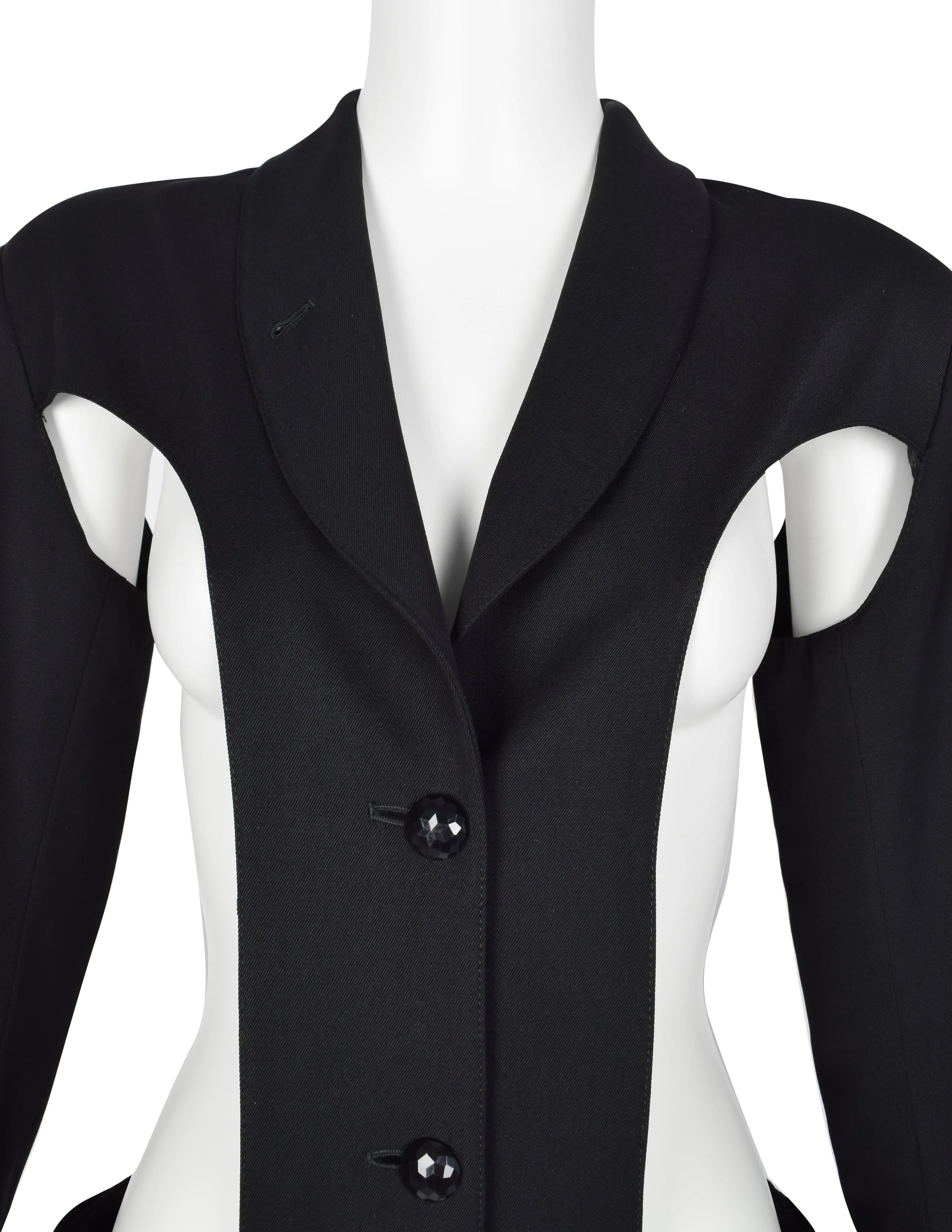 Jean Paul Gaultier Vintage AW 1985 Phenomenal Black Wool Gabardine Cut Out Blazer Jacket