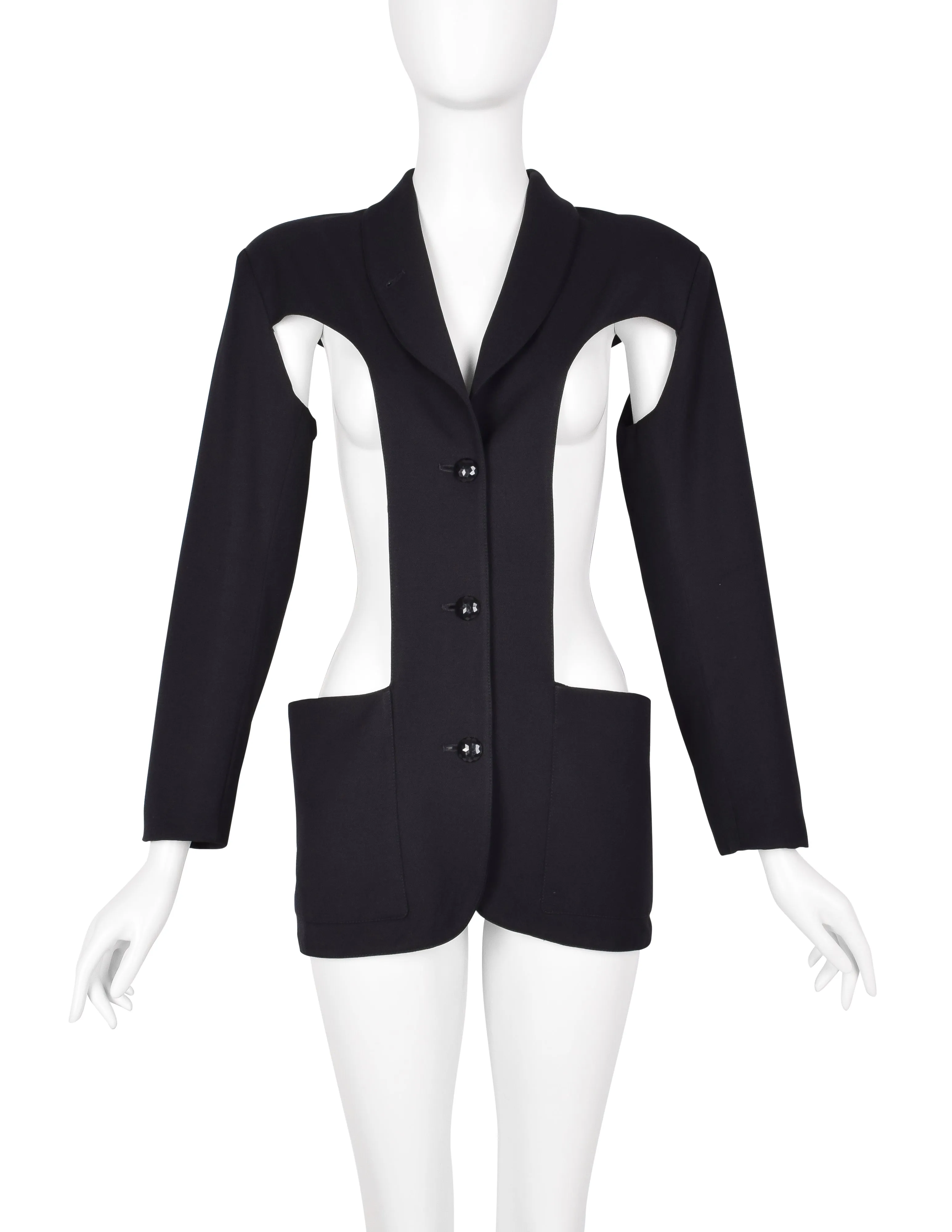 Jean Paul Gaultier Vintage AW 1985 Phenomenal Black Wool Gabardine Cut Out Blazer Jacket