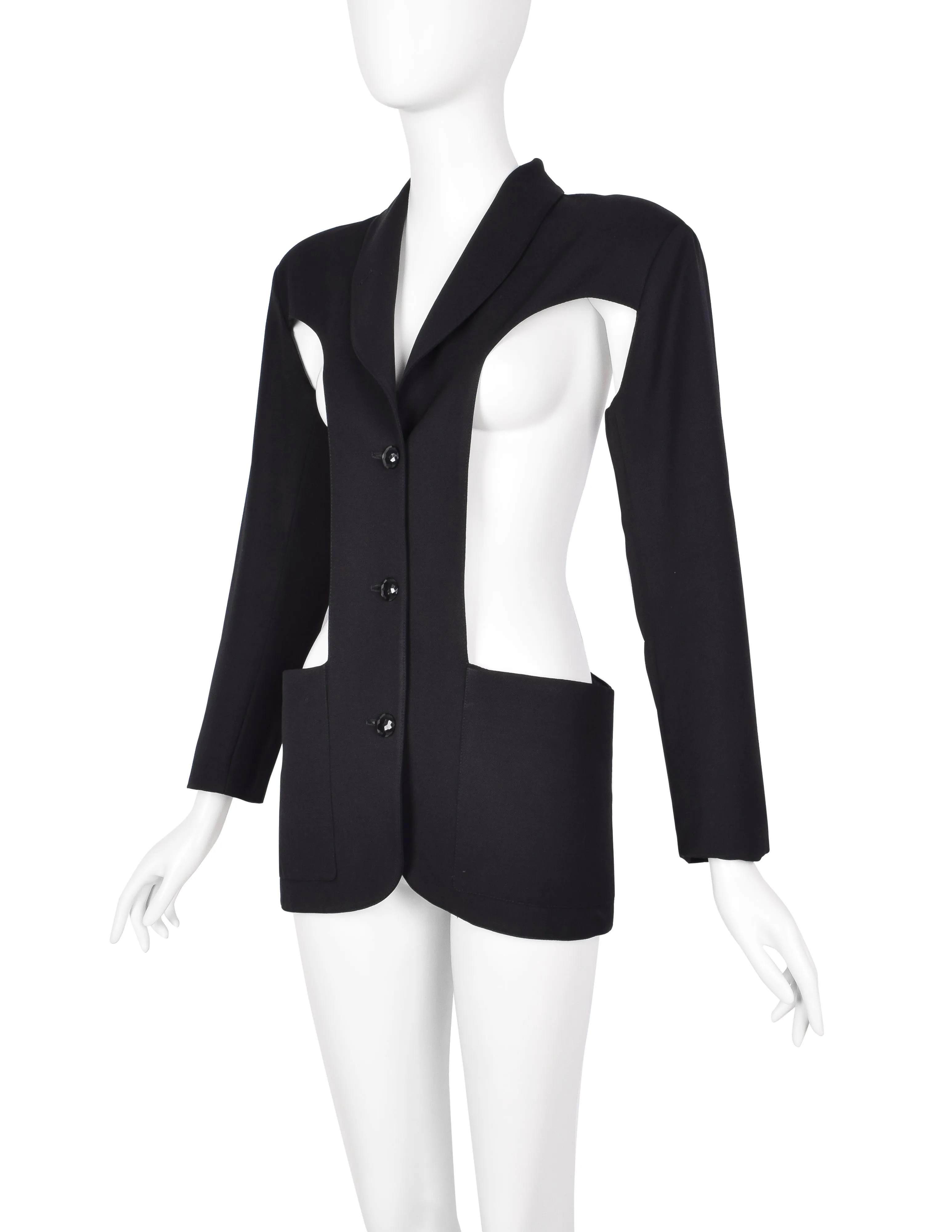 Jean Paul Gaultier Vintage AW 1985 Phenomenal Black Wool Gabardine Cut Out Blazer Jacket