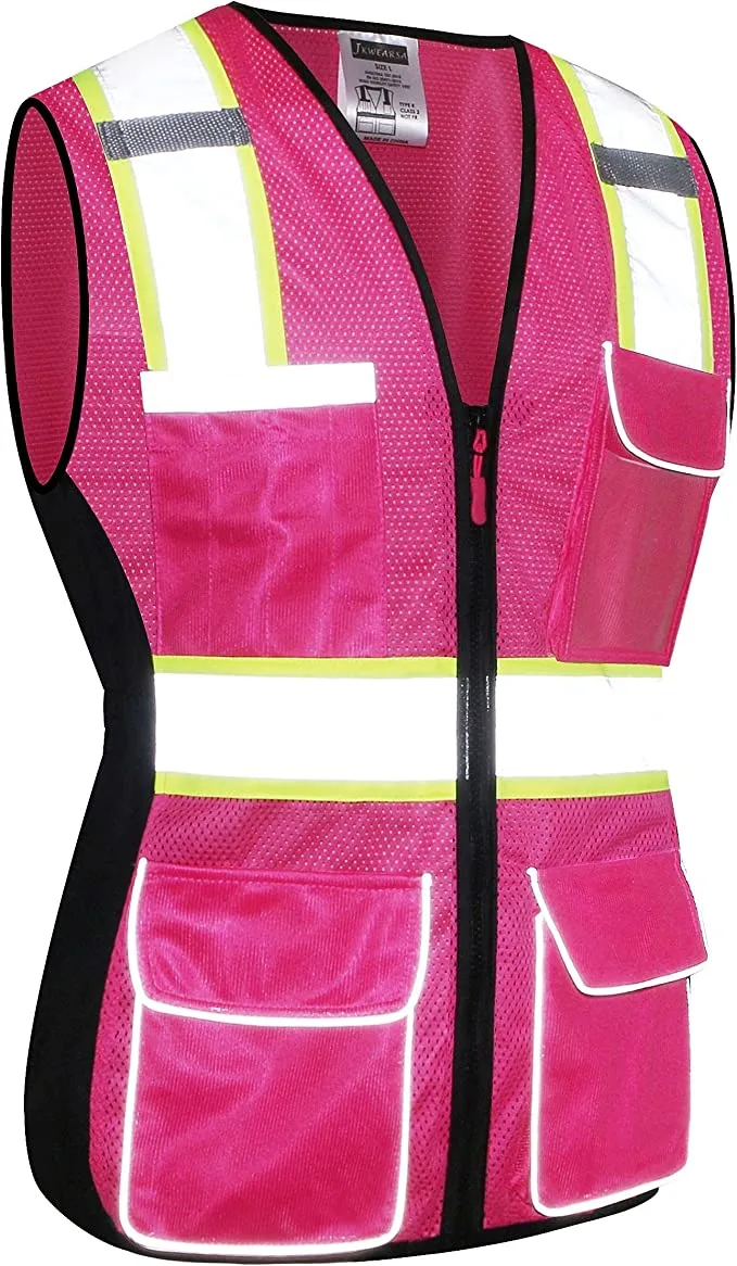 JKWEARSA  -  Made for the Curvy Girl - Safety Vest, Multi Pockets High Visibility Reflective Breathable Mesh Work Vest with Durable Zipper