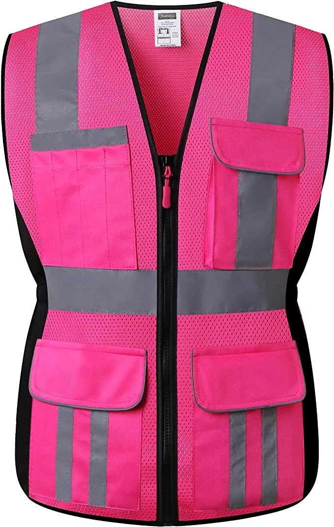 JKWEARSA  -  Made for the Curvy Girl - Safety Vest, Multi Pockets High Visibility Reflective Breathable Mesh Work Vest with Durable Zipper