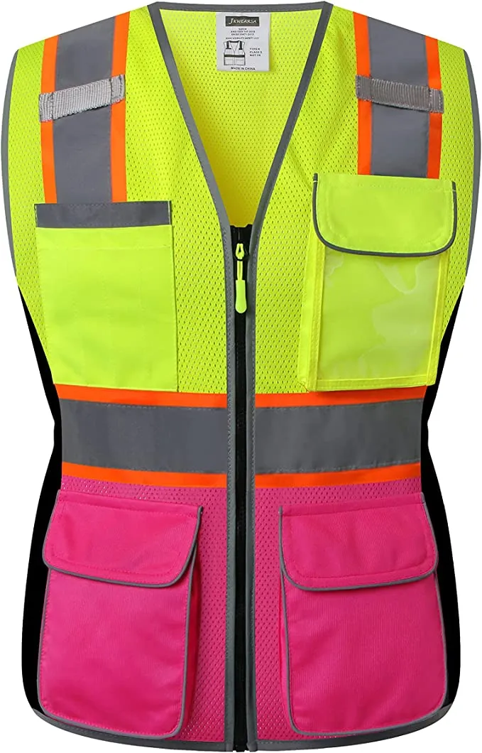 JKWEARSA  -  Made for the Curvy Girl - Safety Vest, Multi Pockets High Visibility Reflective Breathable Mesh Work Vest with Durable Zipper