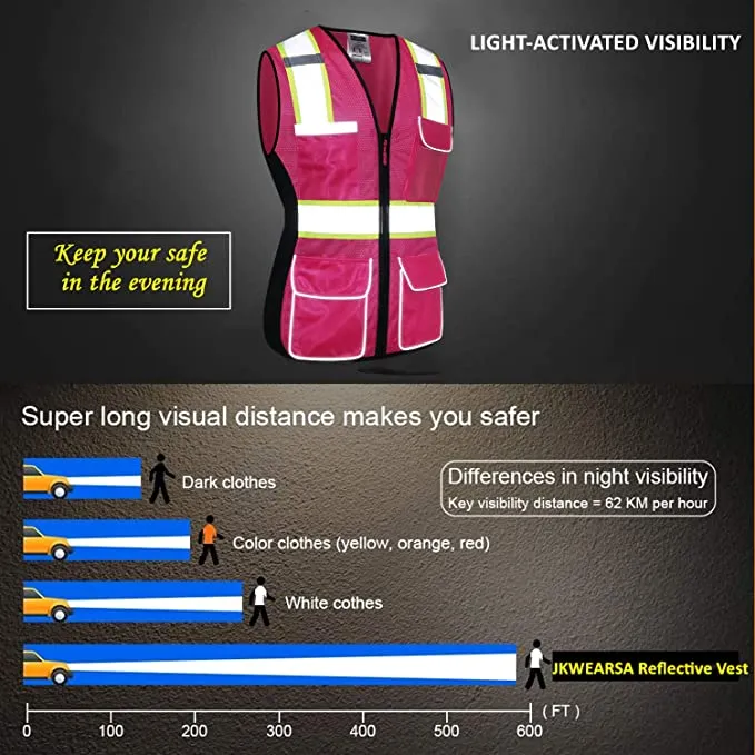 JKWEARSA  -  Made for the Curvy Girl - Safety Vest, Multi Pockets High Visibility Reflective Breathable Mesh Work Vest with Durable Zipper