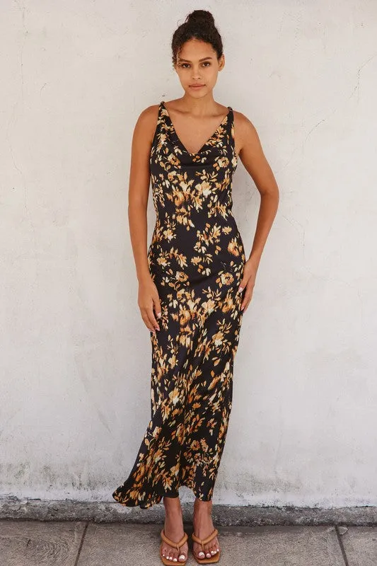 Kira Sleeveless Cowl Neck Twisted Back Floral Print Maxi Dress Black