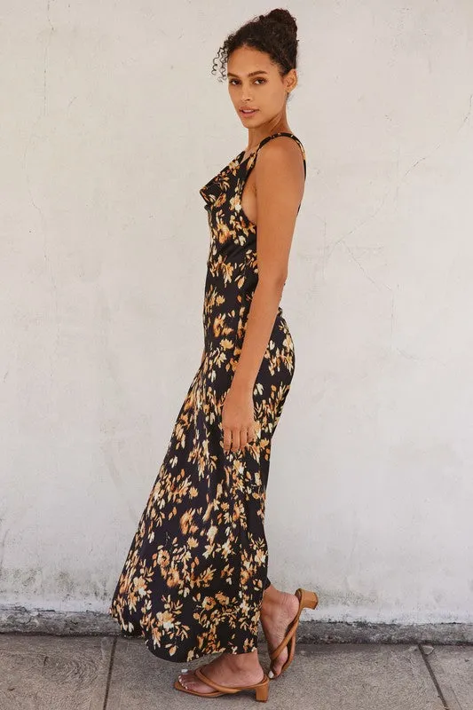 Kira Sleeveless Cowl Neck Twisted Back Floral Print Maxi Dress Black