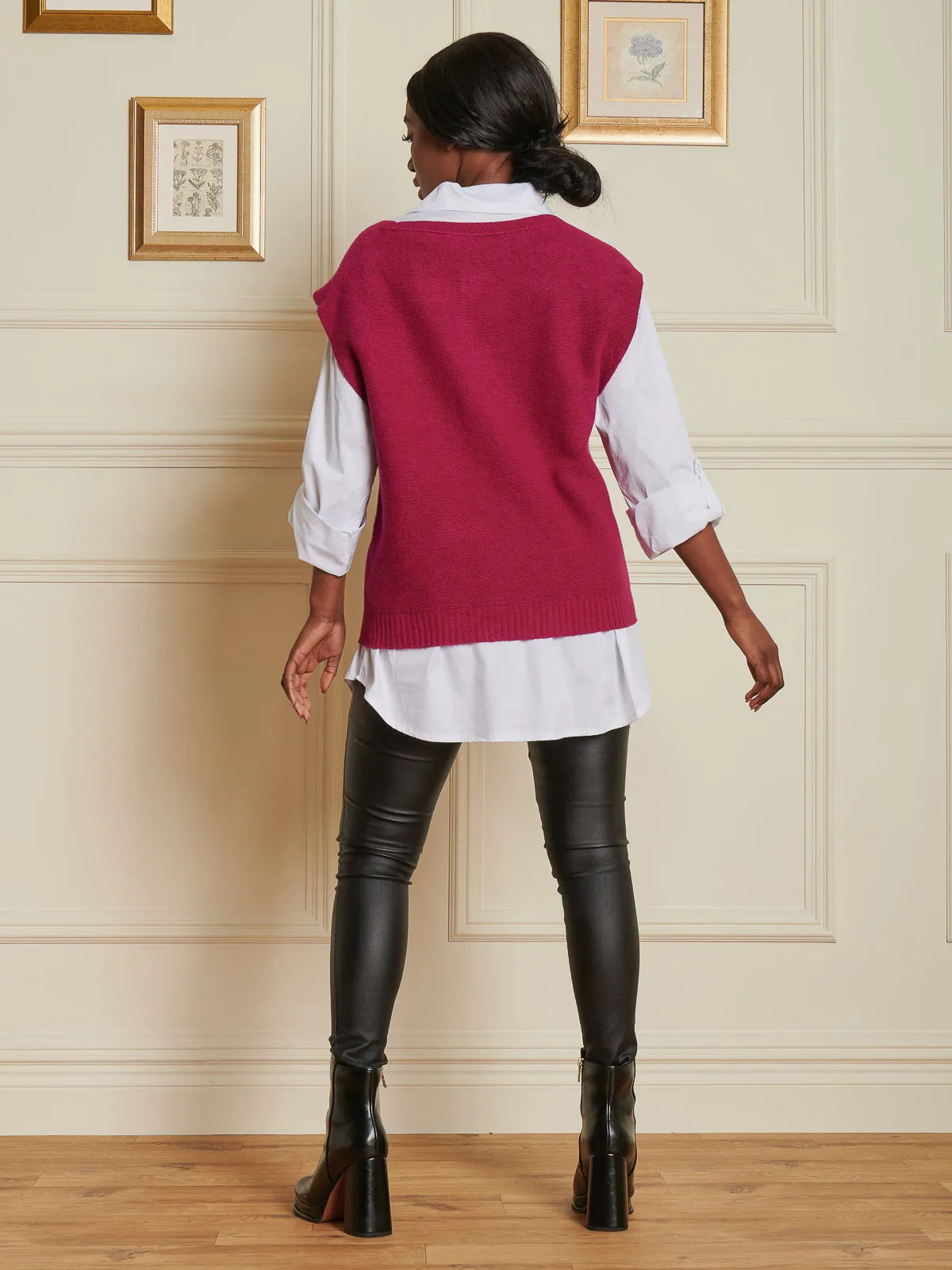 Knitted V-Neck Jumper Vest, Fuschia